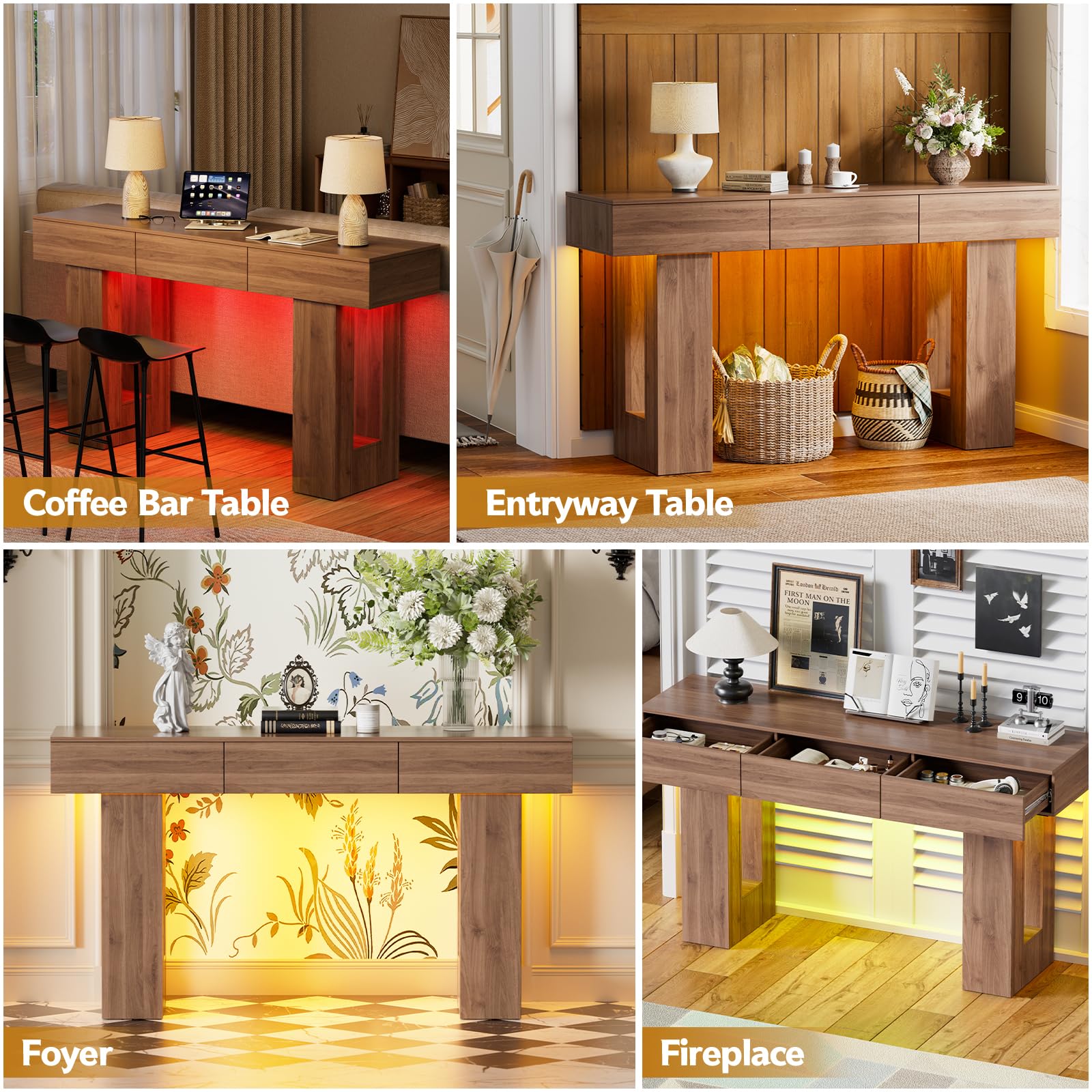 Tavolino Console da Ingresso Lungo 140CM Consolle Rettangolare con luci LED e 3 Cassetti Tavolino Consolle in Legno Tavolo d'Ingresso da Posizionare Dietro il Divano per Salotto,Corridoio e Entrata