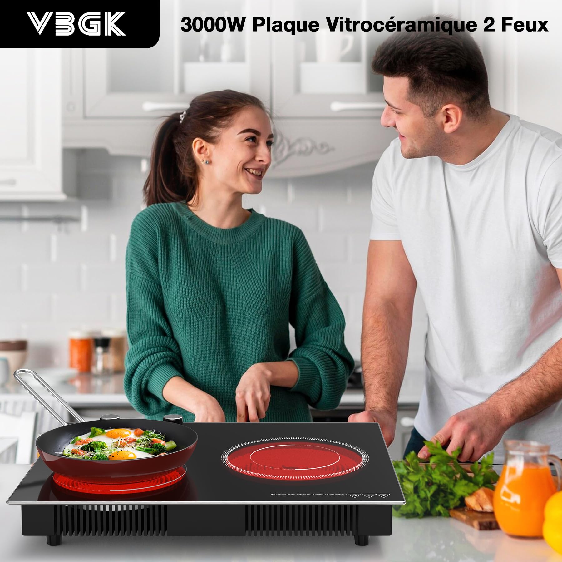 VBGK plaque vitrocéramique 2 feux, plaque de cuisson 3000 W 9 niveaux de chauffe, minuterie et sécurité enfant, commande tactile à bouton LED avec prise