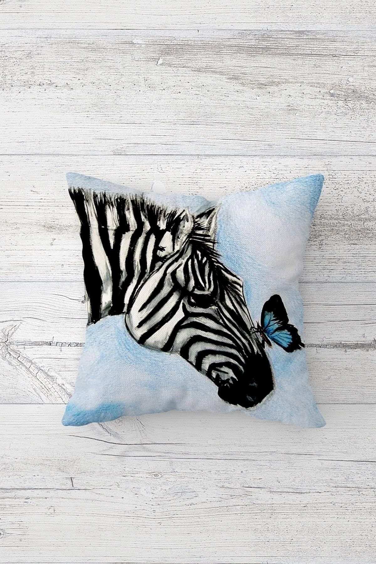 Pelangi Zebra Ve Kelebek Desenli Gizli Fermuarlı Kırlent Kılıfı Koltuk Yastık Kılıfı Takım(4adet), Siyah-Mavi 45 x 45