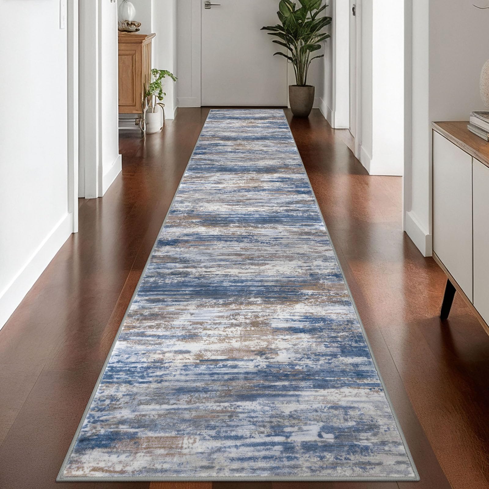 KOZYFLY Modern Abstract Washable Rug Runner 2.6x14 Hallway Rug Runner Non-Slip Soft Kitchen Runner Rugs, Blue Rust Striped Carpet for Entryway Bathroom Laundry Room Foyer — image 1