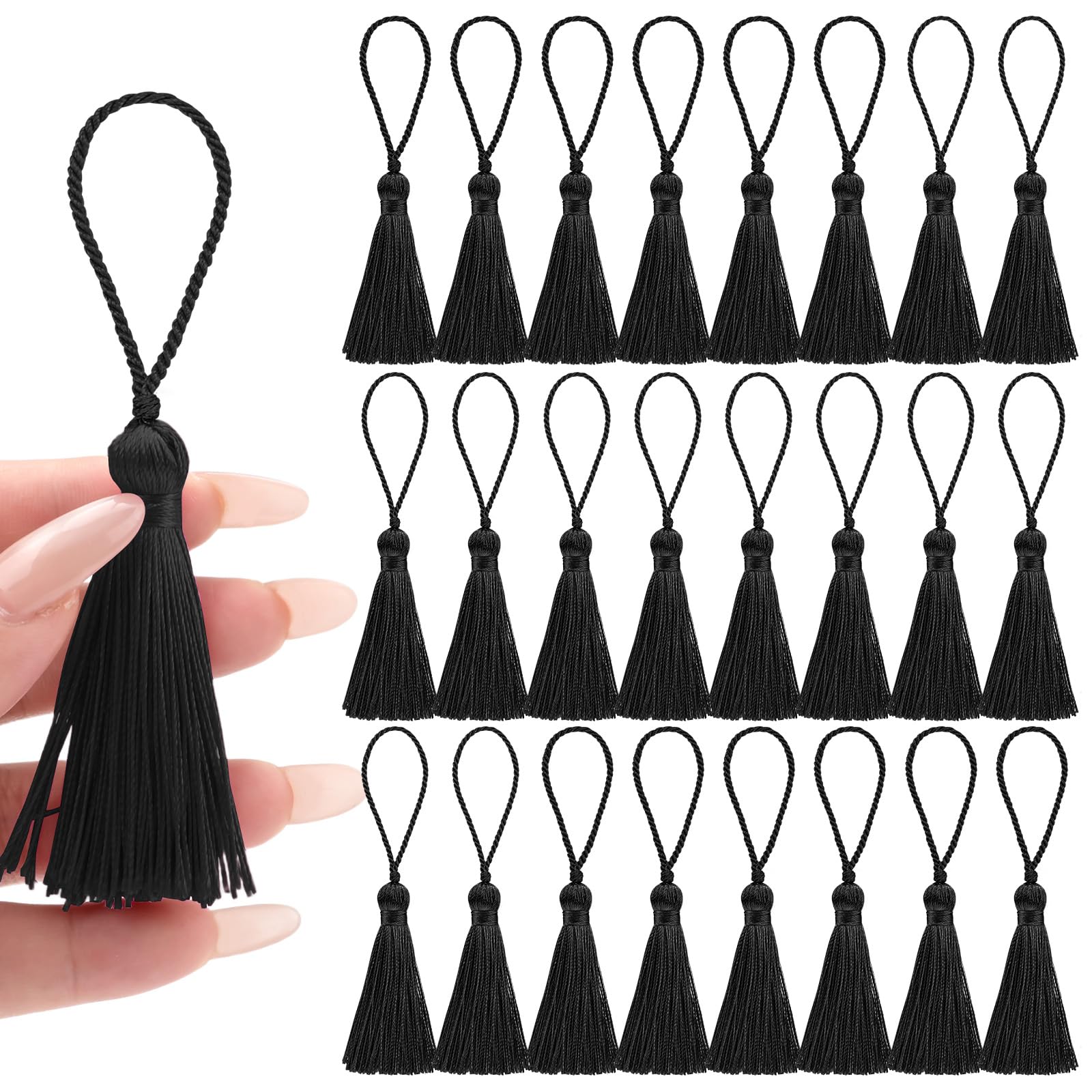 NACHLYNN 24PCS 4.3 Inch Handmad Silk Tassels for Crafts with 2 Inch Loops 2.37 Inch Tassels for Keychains Making DIY Jewelry Bookmarks Earrings Craft Accessory Tags(Black)