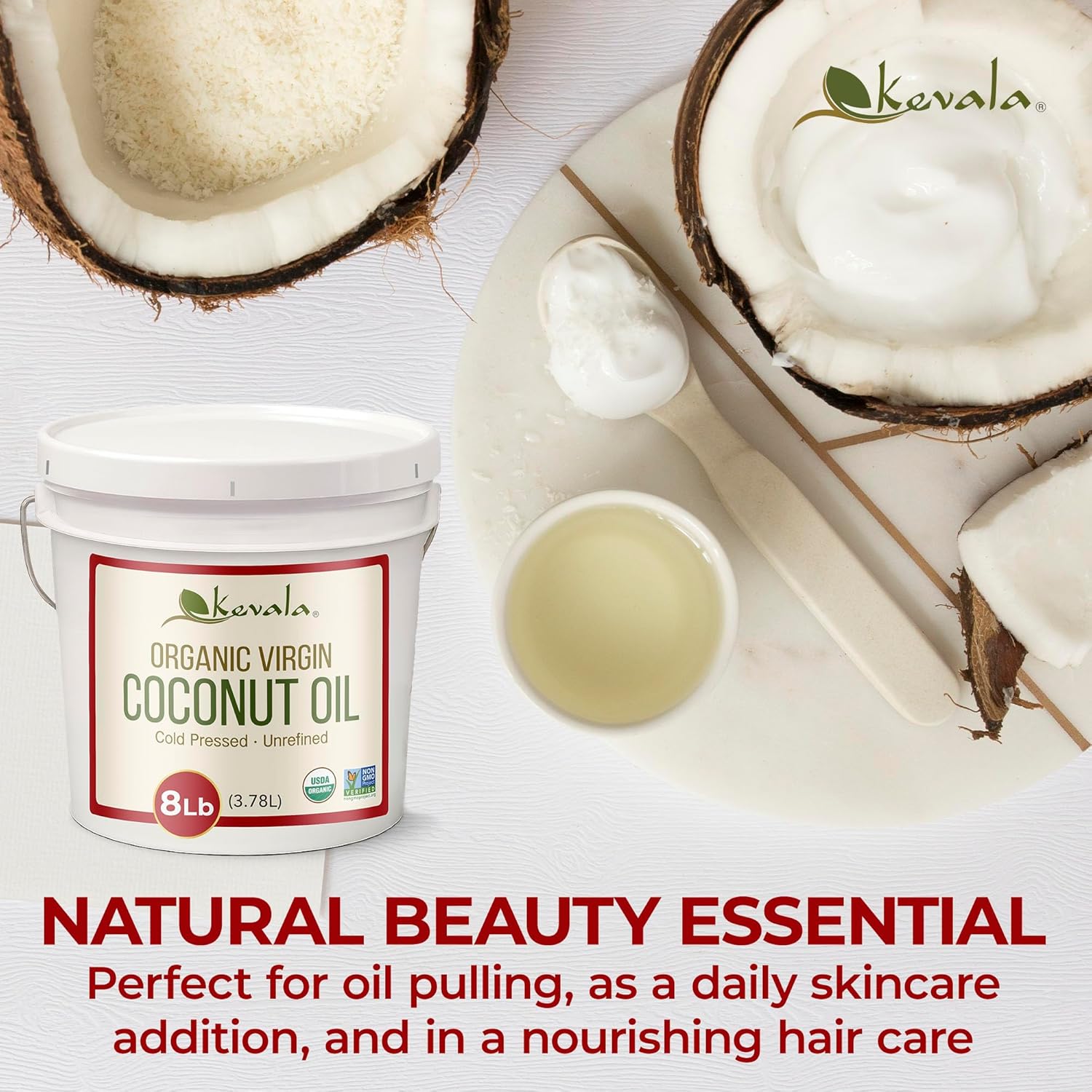 Kevala Organic Coconut Oil - Extra Virgin Oil with High Smoke Point for Baking and Cooking, Natural and Fresh Coconut Scent for Body Massages, Complements Recipes from Many Cultures, Bulk Size 8 lb
