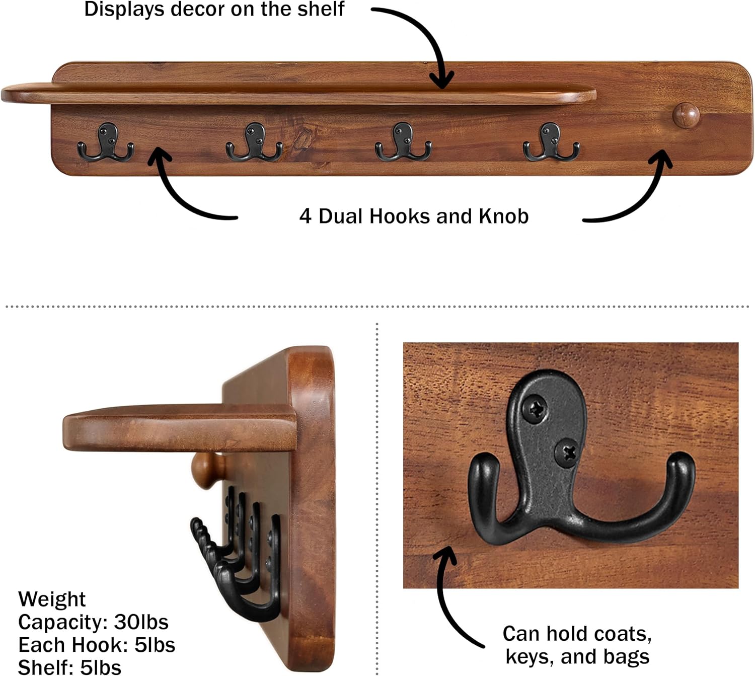 Alaterre Furniture Living Room Collection – 36 Inch Wall Mount Coat Rack with Shelf with 4 Coat Hooks and Peg – Acacia Wood Wall Hangers (Warm Chestnut)