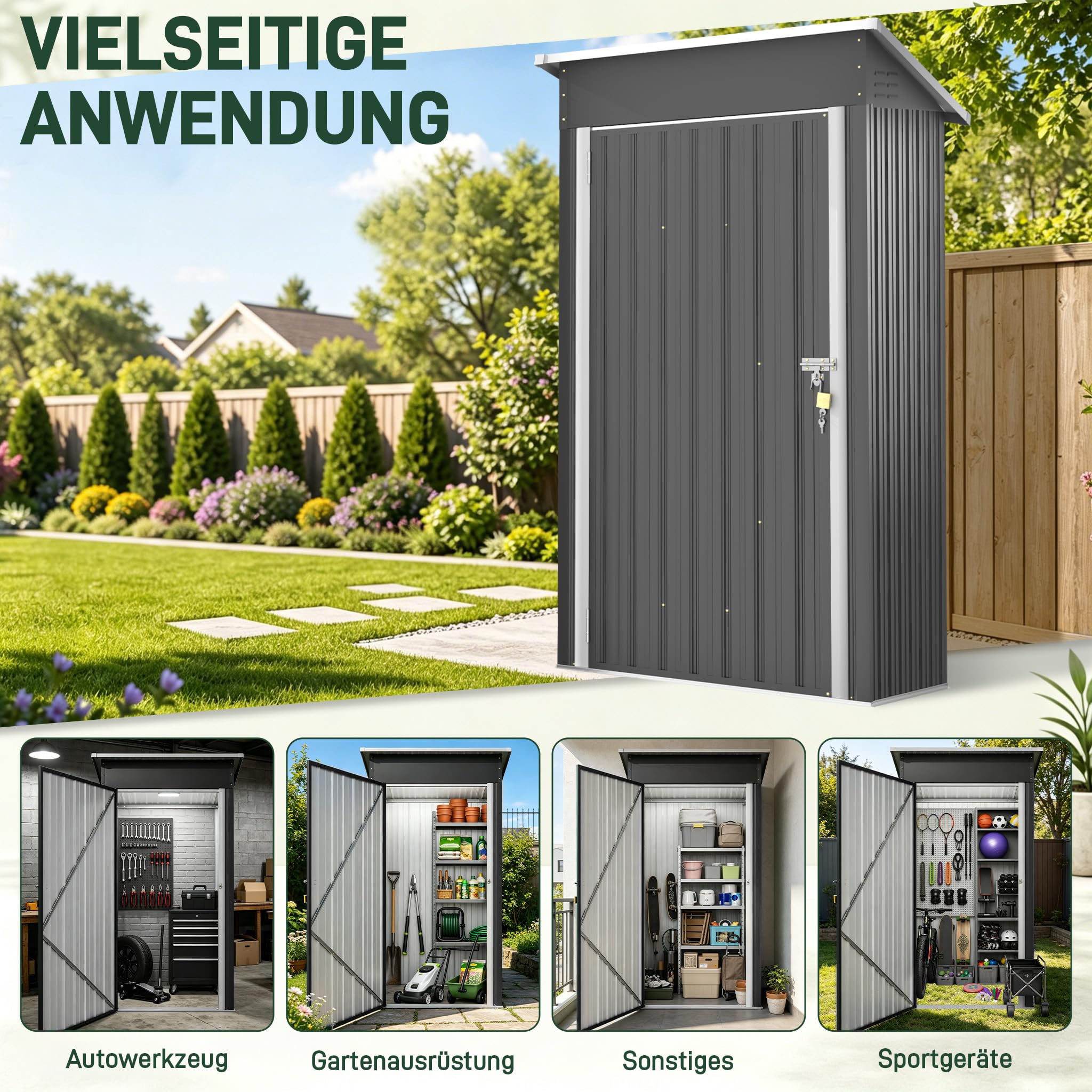 LZQ Gerätehaus Metall Gartenhaus Geräteschuppen wetterfest abschließbar, Stahl Gartenschuppen mit Pultdach, Werkzeugschuppen inkl Arbeitshandschuhe für Garten, Hof & Lager, Schwarz 96 x 75 x 185 cm