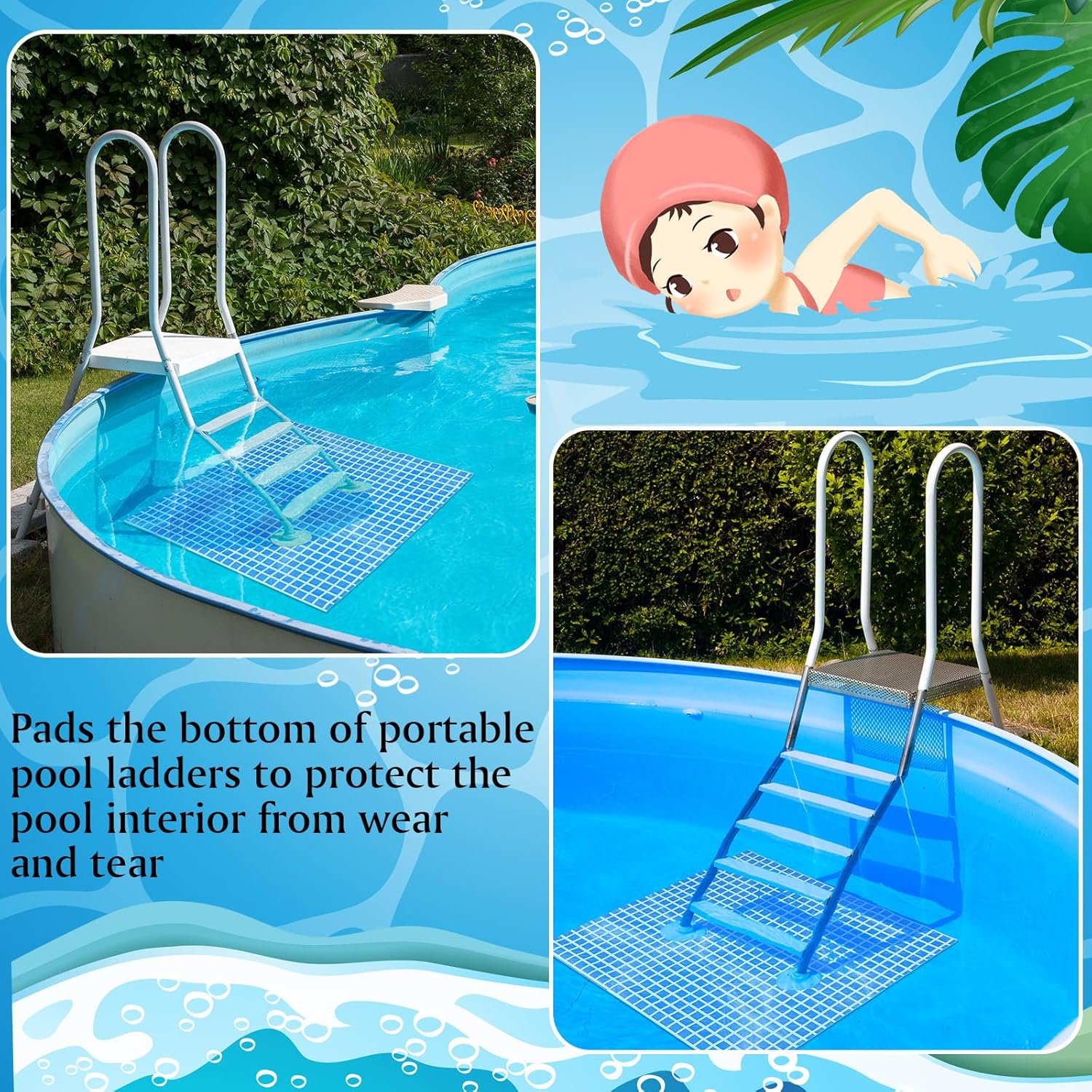 Pool Step Mat Above Ground Ladder Mat, Swimming Protective Nonslip Step Pad with Texture, Pool Essentials Accessories for Floor Liners and Stairs, Blue Large Square Pattern (36 x 36 Inch)