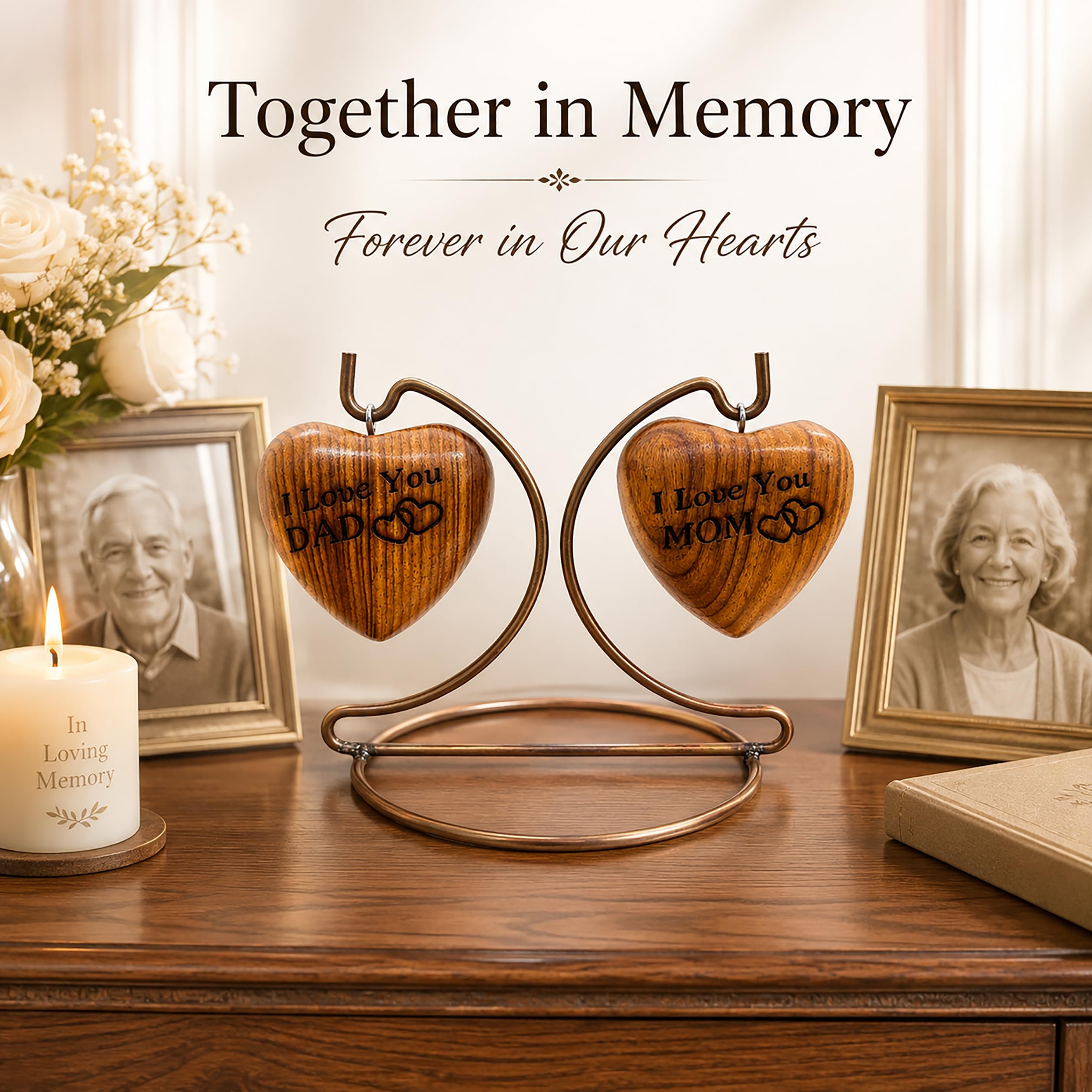 Urna de recuerdo de madera de doble corazón, pequeña urna de cremación hecha a mano para cenizas homenaje a tu mamá y papá, perfecta para tus seres queridos con soporte de exhibición con grabado "I