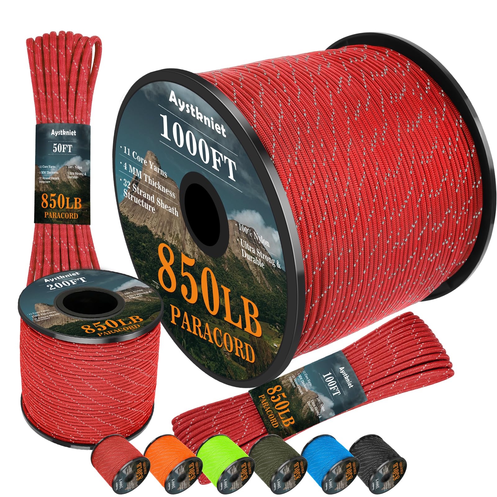 Aystkniet Reflective Paracord 850Ib, 4MM Rope, 11 Strands Outdoor Para Cord, Utility Parachute Cord Tactical Cord for Camping Hiking Survival Crafting DIY, 30M Red