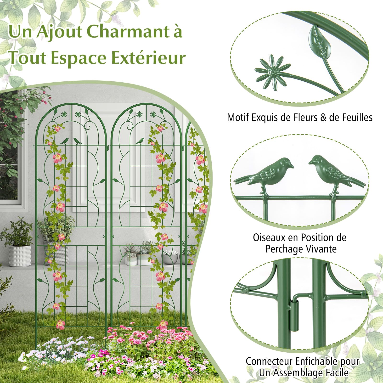 RELAX4LIFE Lot de 2/4 Treillis Plante Grimpante Exterieur, Treillis Jardin 180 CM en Métal, Support pour Plantes Grimpantes, Motif Oiseaux et Fleurs, pour Vigne Lierre Rose (Vert | 2Pcs, 180 CM)