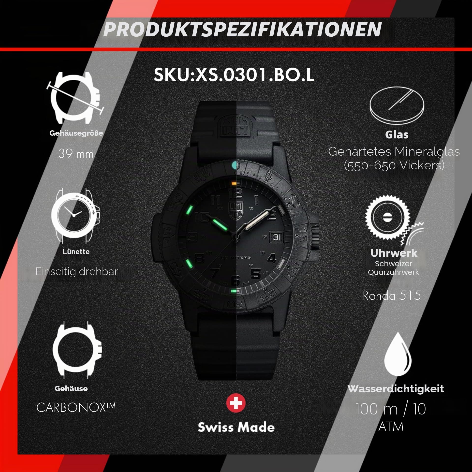 Luminox – Leatherback SEA Turtle HerrenUhr 39 mm, 0300 Serie, Militäruhr, Swiss Quarz Uhr, 100 m wasserdicht, Selbstleuchtend