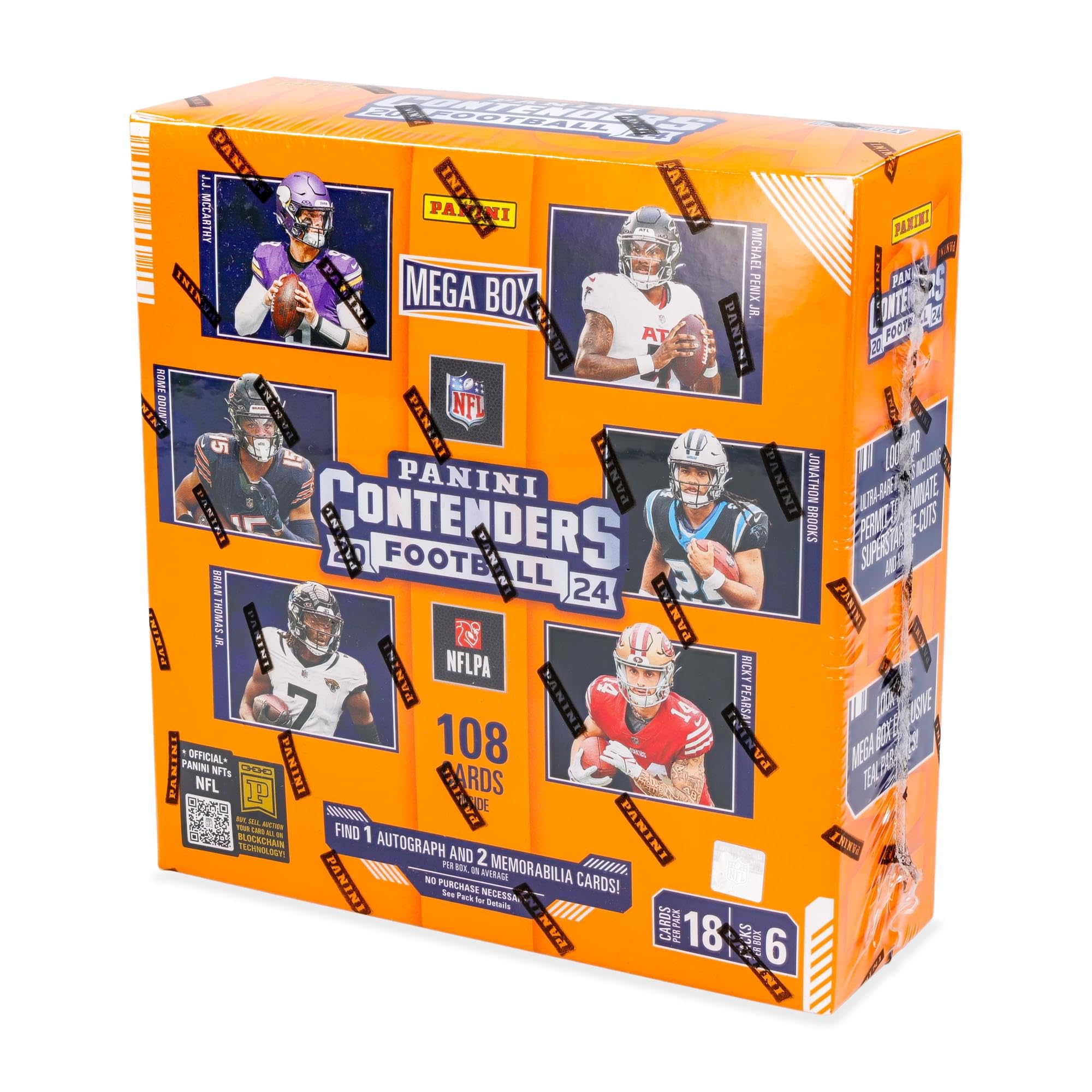 2024–25 Panini Contenders NFL-Fußball-Mega-Box, offizielle Sammelkarten, Autogramme, Parallelen und Einsätze, versiegelte Einzelhandelsbox