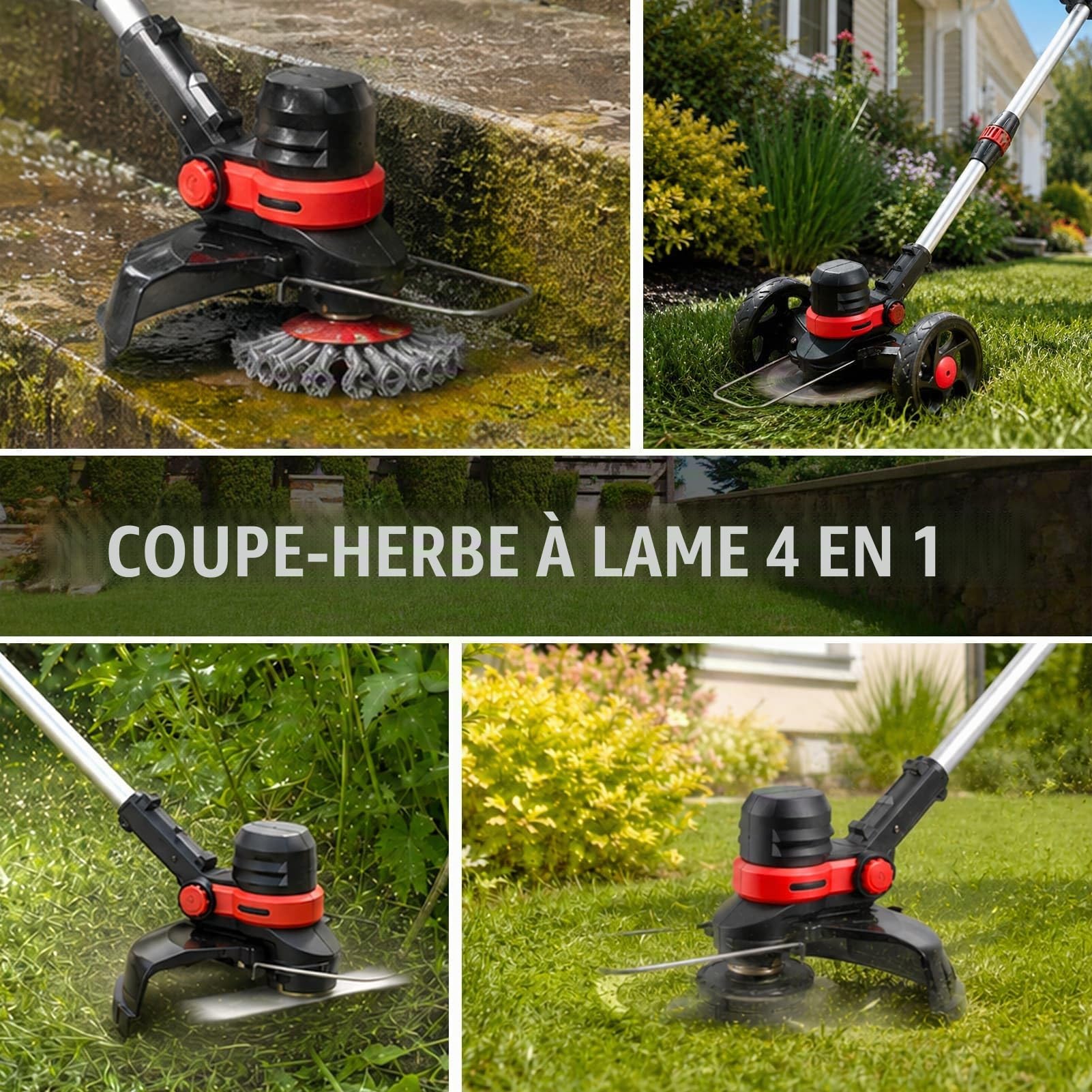 Coupe Bordure sans Fil avec Batterie, 4 en 1 Lame Coupe Bordure avec Batterie Lithium 4.0Ah x2, Bobine de Fil, Tete Brosse Debroussailleuse Electrique sans Fil(Brushless, 30cm Coupe)
