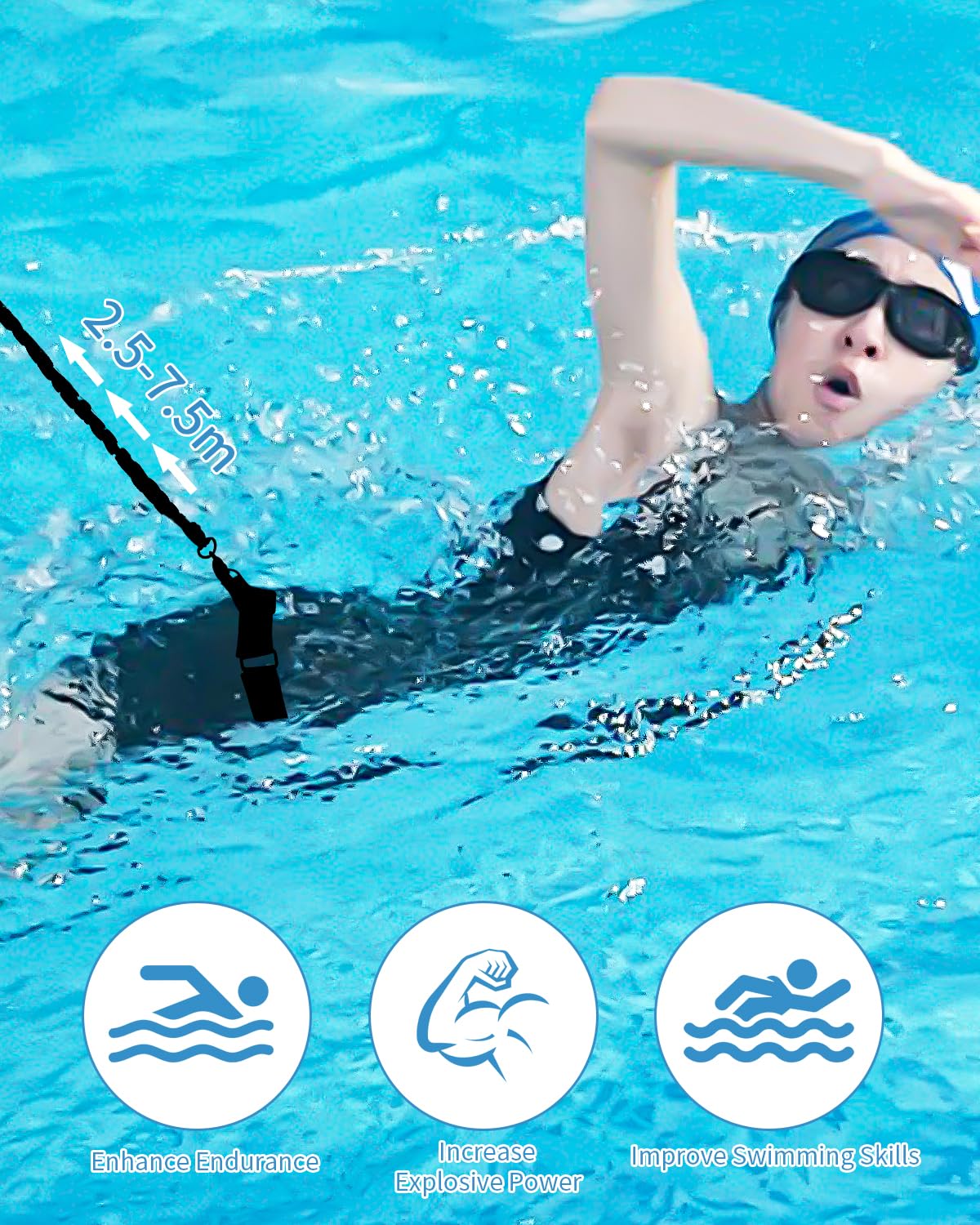 Ceinture de Natation pour Piscine, Corde de Elastique de Nage Piscine, 2.5-7.5M Ceinture de Résistance Réglable, Ceinture de Natation Réglable pour Piscine, Convient aux Adultes et aux Enfants