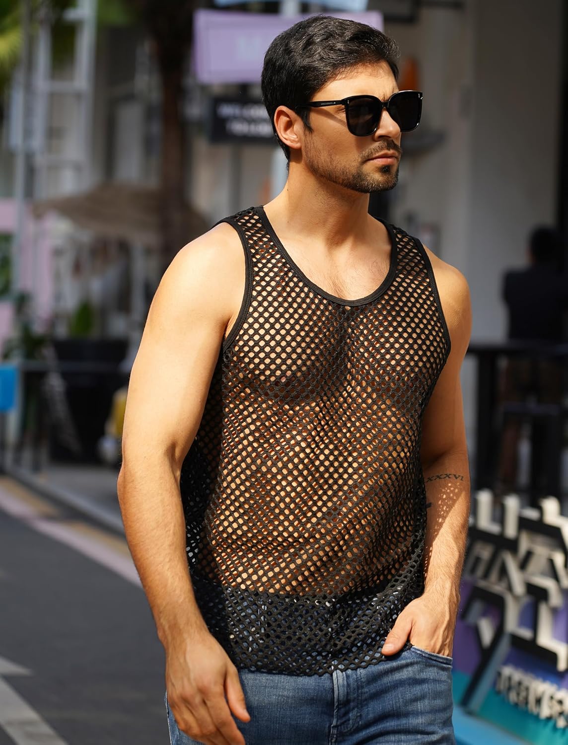 ABAFIP Men's Fishnet Mesh Tank Top Sleeveless Sheer Shirt Gym Workout Fitted Muscle Top Undershirt - Image 3