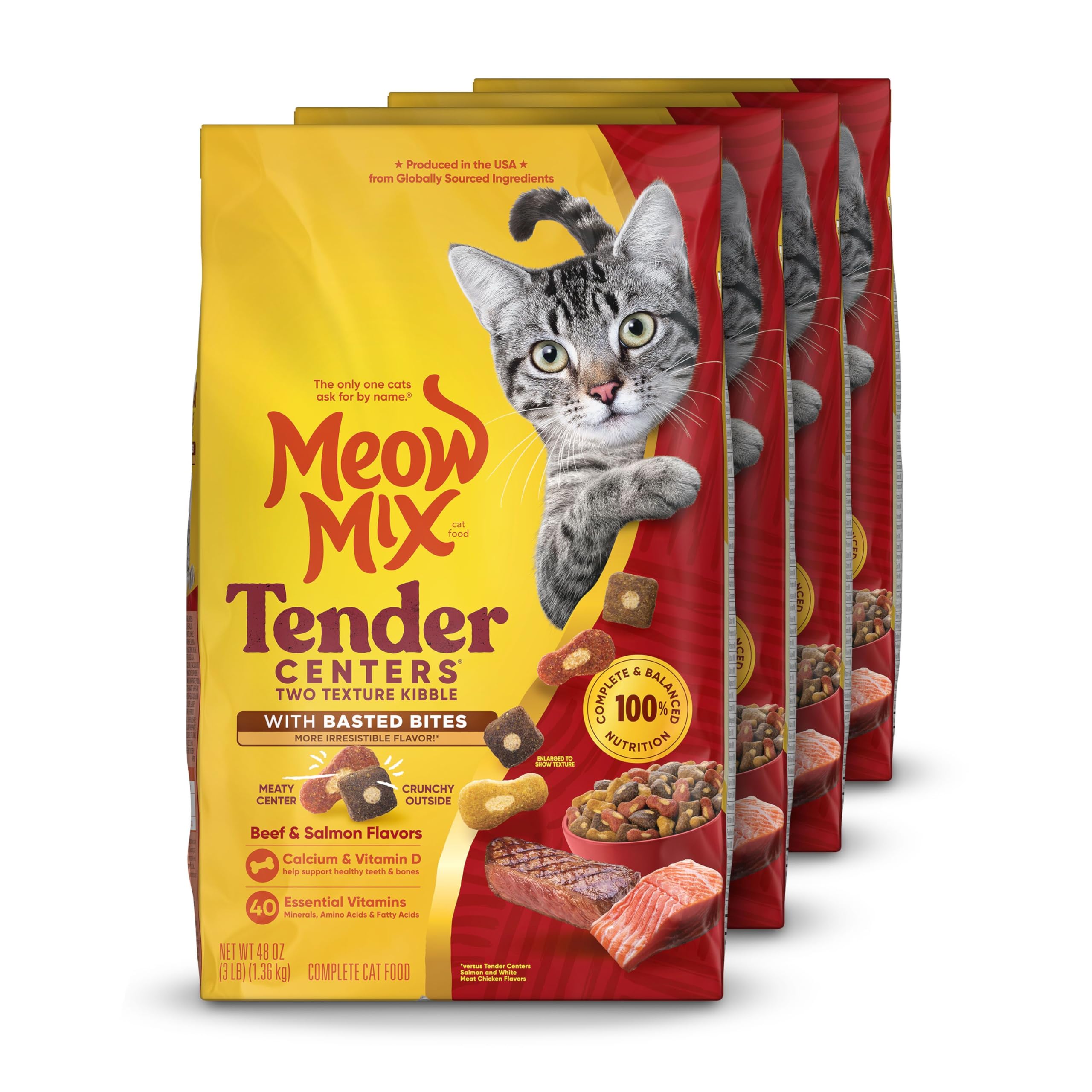 Meow Mix Tender Centers, Dry Cat Food, Beef &amp; Salmon Flavors, 4 Bags