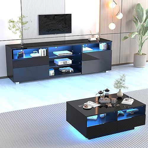 Miniatura 4 de St.Mandyu Soporte de TV LED para TV de 7580 pulgadas, moderno centro de mesa de televisión con cajón y luces LED, centro de entretenimiento de alto