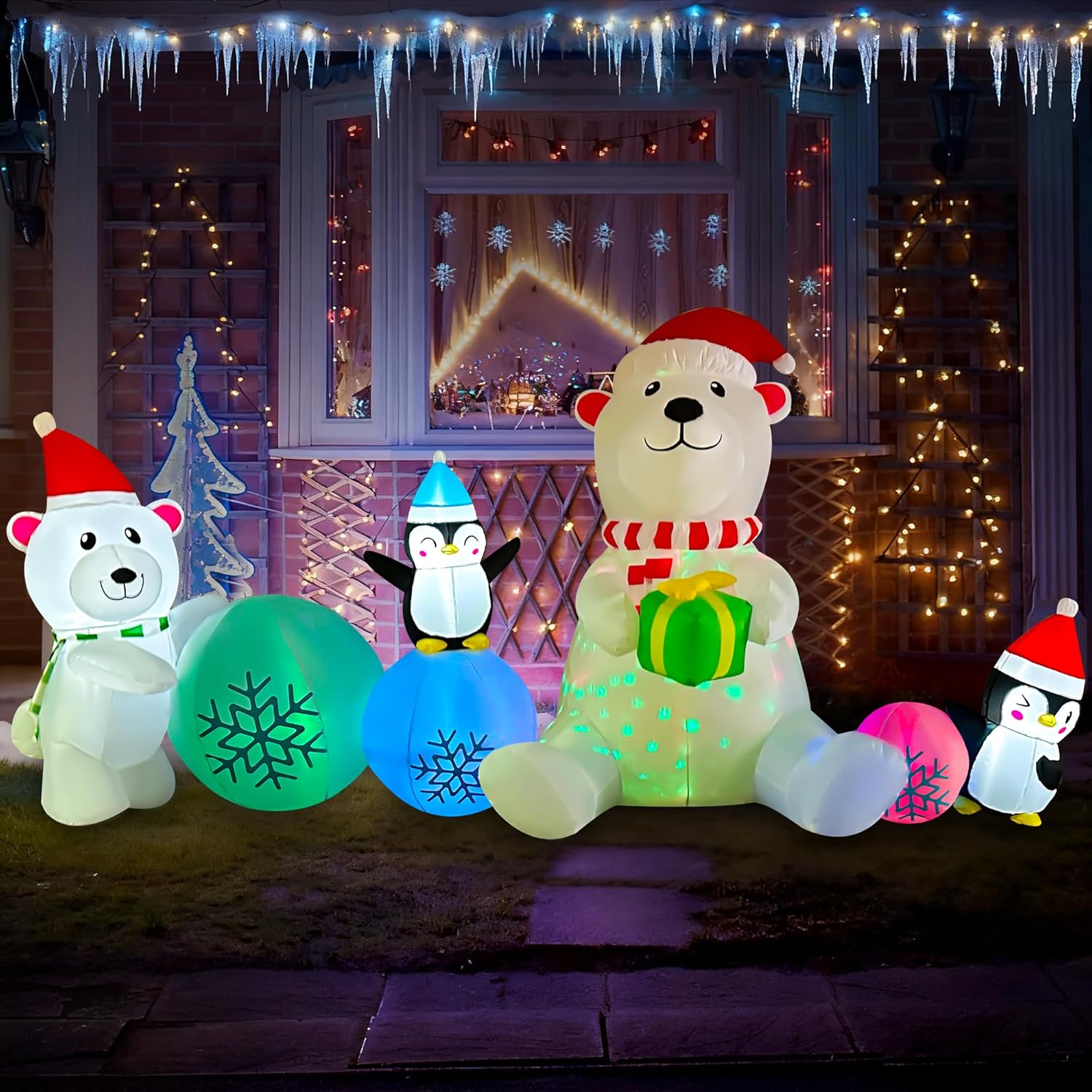 SEASONBLOW 10 FT Long Christmas Inflatable Polar Bear Snowball Decoration, Colorful Rotating LED Lights Blow Up Xmas Polar Bear with Snowball and Penguin Decor for Yard Garden Outdoor Holiday Party