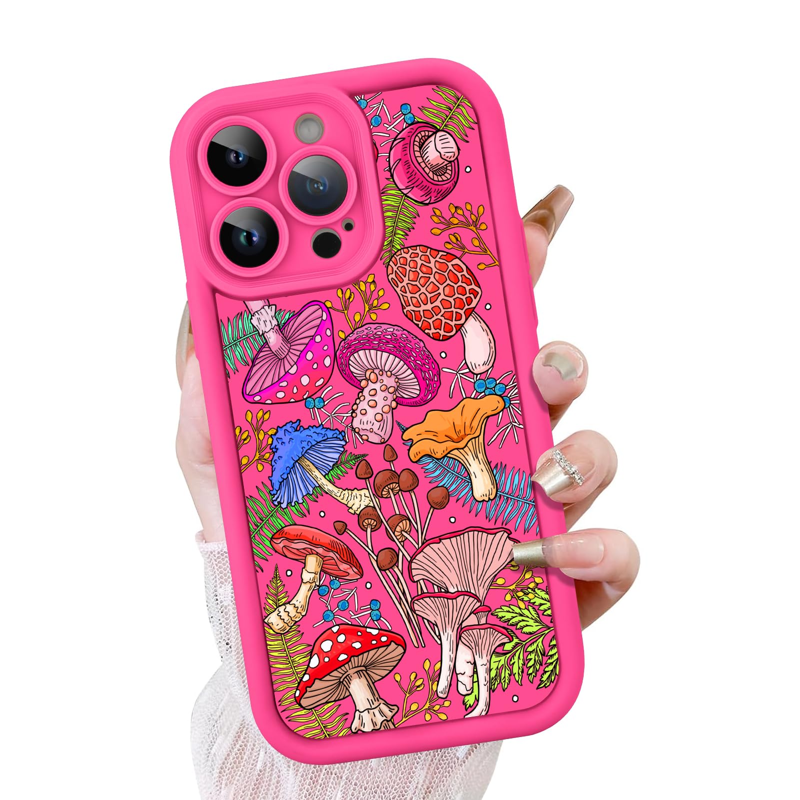 KANGHARCase for iPhone 16 Pro Max Case, Cute Mushroom Art Design Soft TPU Shockproof Protective for Women Girls Slim Phone Cover-Hot Pink