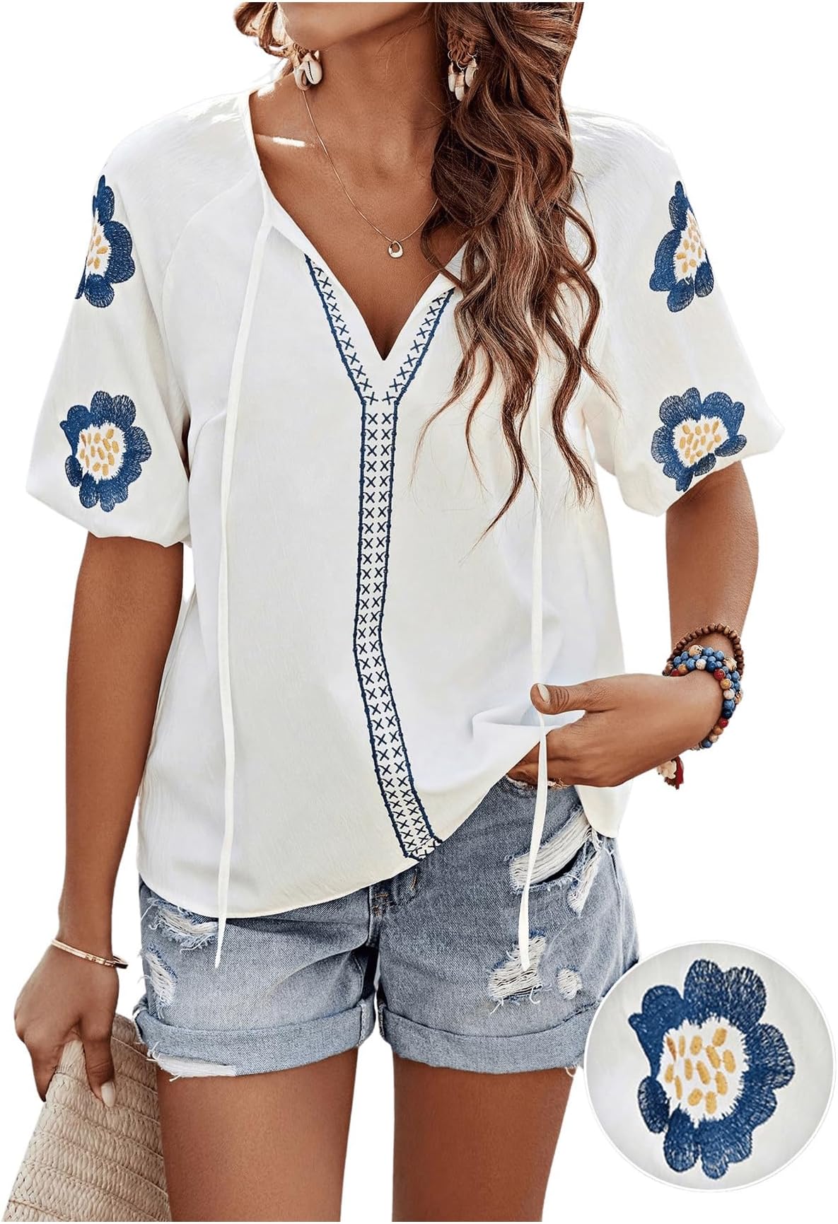 Verdusa Women's Tie Front V Neck Raglan Short Sleeve Embroidery Blouse Boho Tunic Top