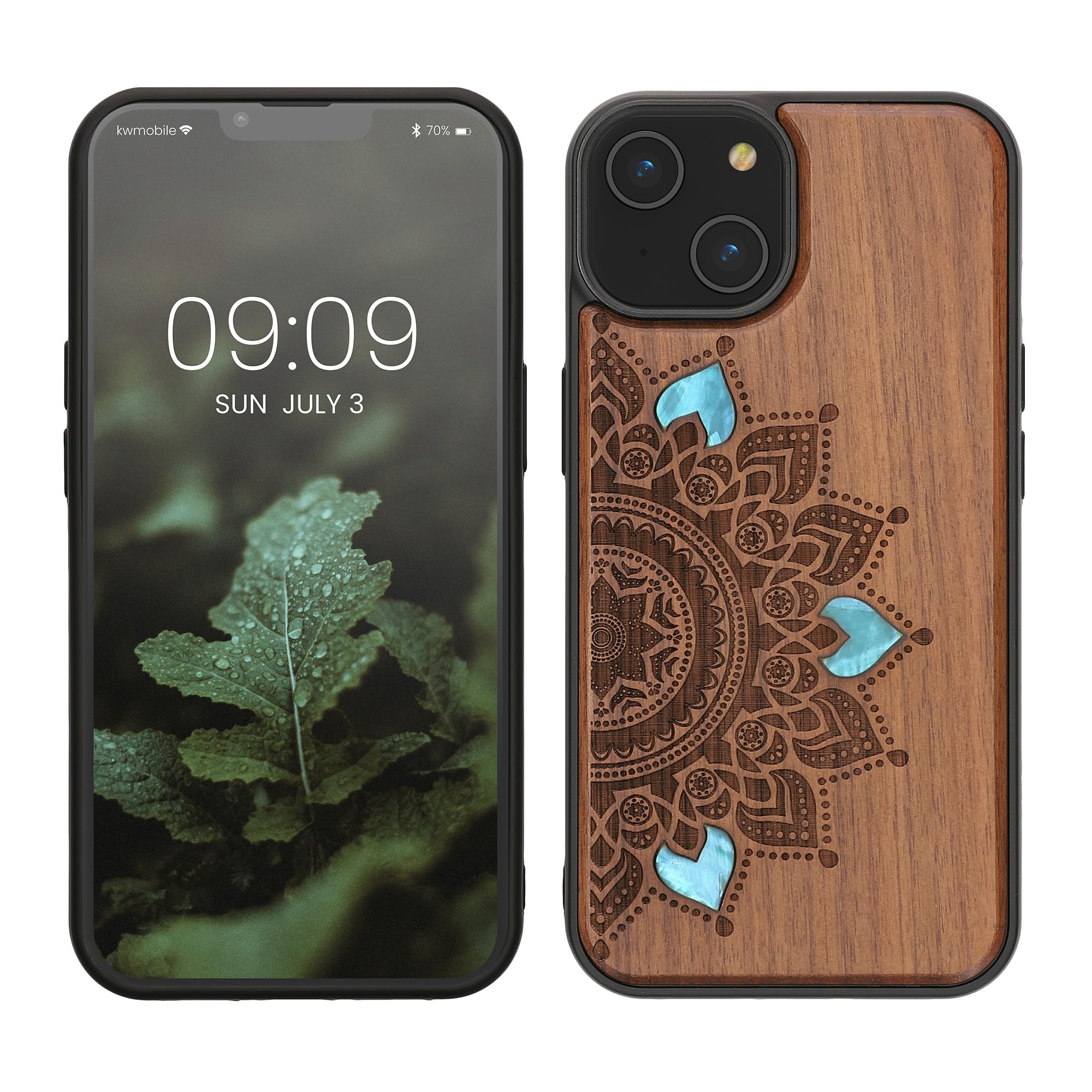 kwmobile Wood Case Compatible with Apple iPhone 14 Case - Cover - Rising Sun Mother of Pearl Dark Brown