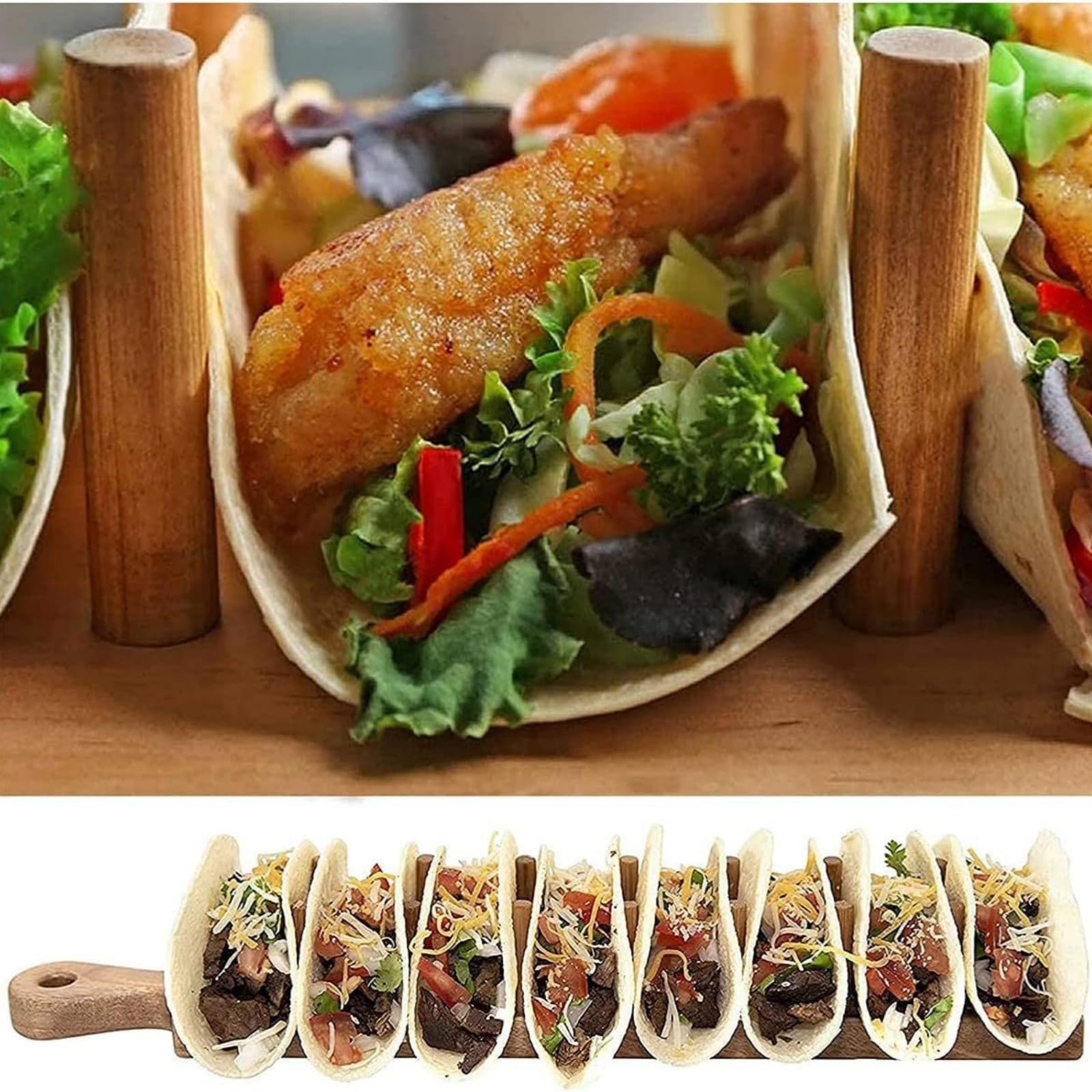 Lot de 4 supports à tacos en bambou avec pince, plateau à tacos avec poignée pouvant contenir 8 tacos à coque souple ou rigide pour charcuterie, nourriture, cuisine, cadeaux, accessoires pour la