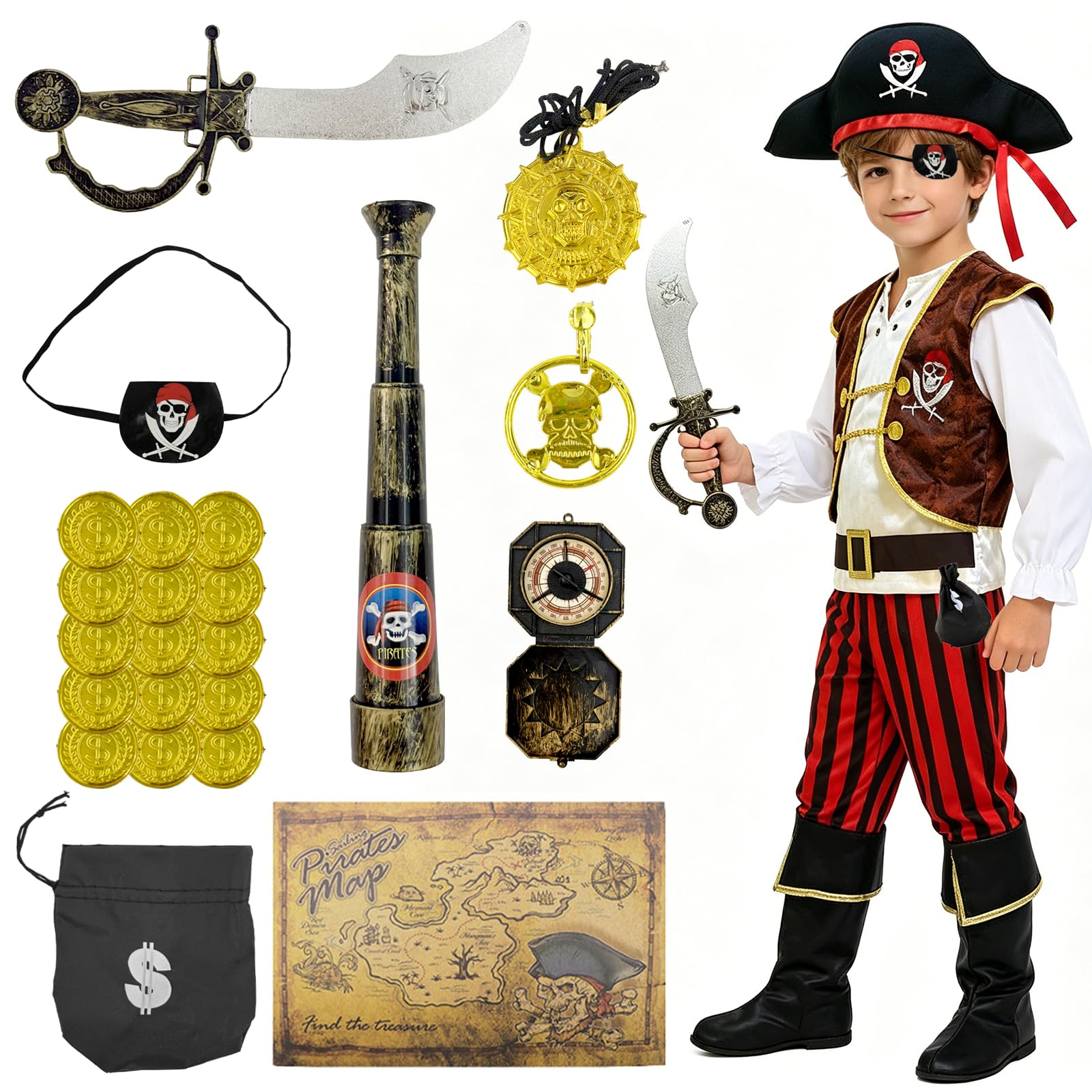 YAEGIMHT Pirate Costume Kids with Pirate Accessories, Kids Dress Up Costumes with Pirate Hat, Eye Patch, Telescope, Map, Compass, Halloween Carnival World Book Day Costumes for 4-7 Todders Kid Gift — image 1