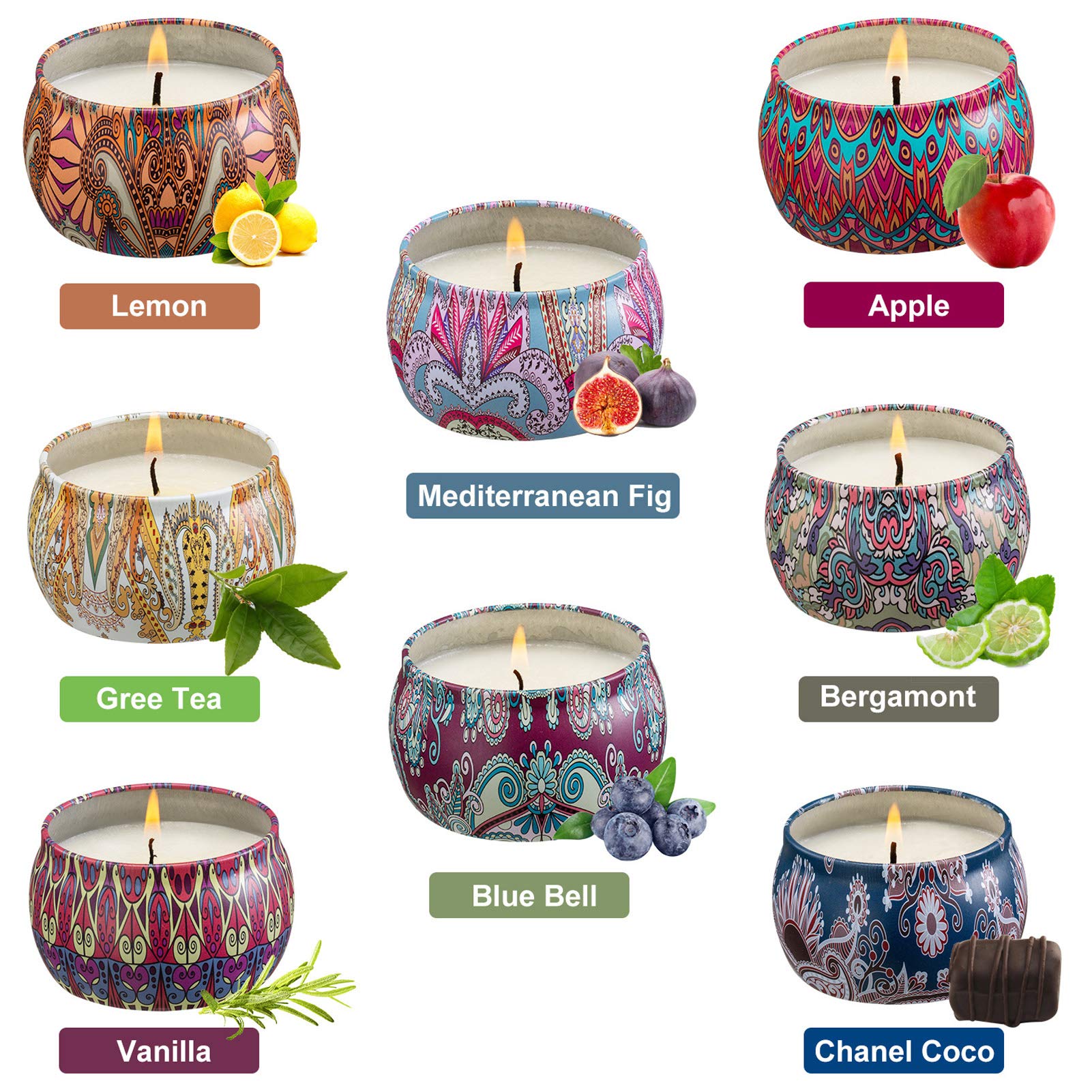 Set de velas con aroma 8, juego, puro natural de soja lata de soja cera velas de aromaterapia mujeres día de la madre cumpleaños decoración navideña