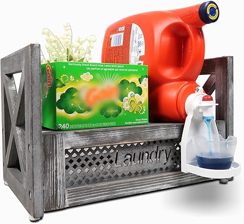 Besuerte Soporte de detergente para lavandería, estación de lavandería de madera estilo granja, espacio de almacenamiento para tina de detergente