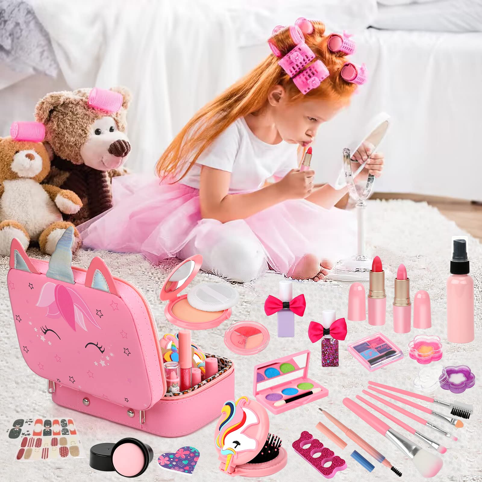 Trucchi Bambina Anallergici Set, Sicuro e Atossico e Lavabile Valigetta Trucchi Bambina Giocattoli Set Natale Compleanno Regalo Bambina 3 4 5 6 7 8 9 10 Anni