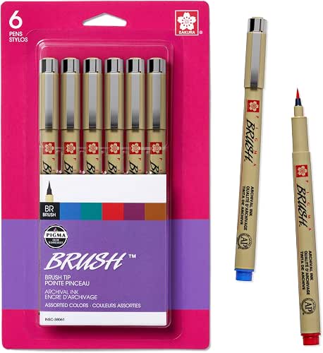 SAKURA Archival Brush Pens, Assorted Vibrant Colors, 6 Count |