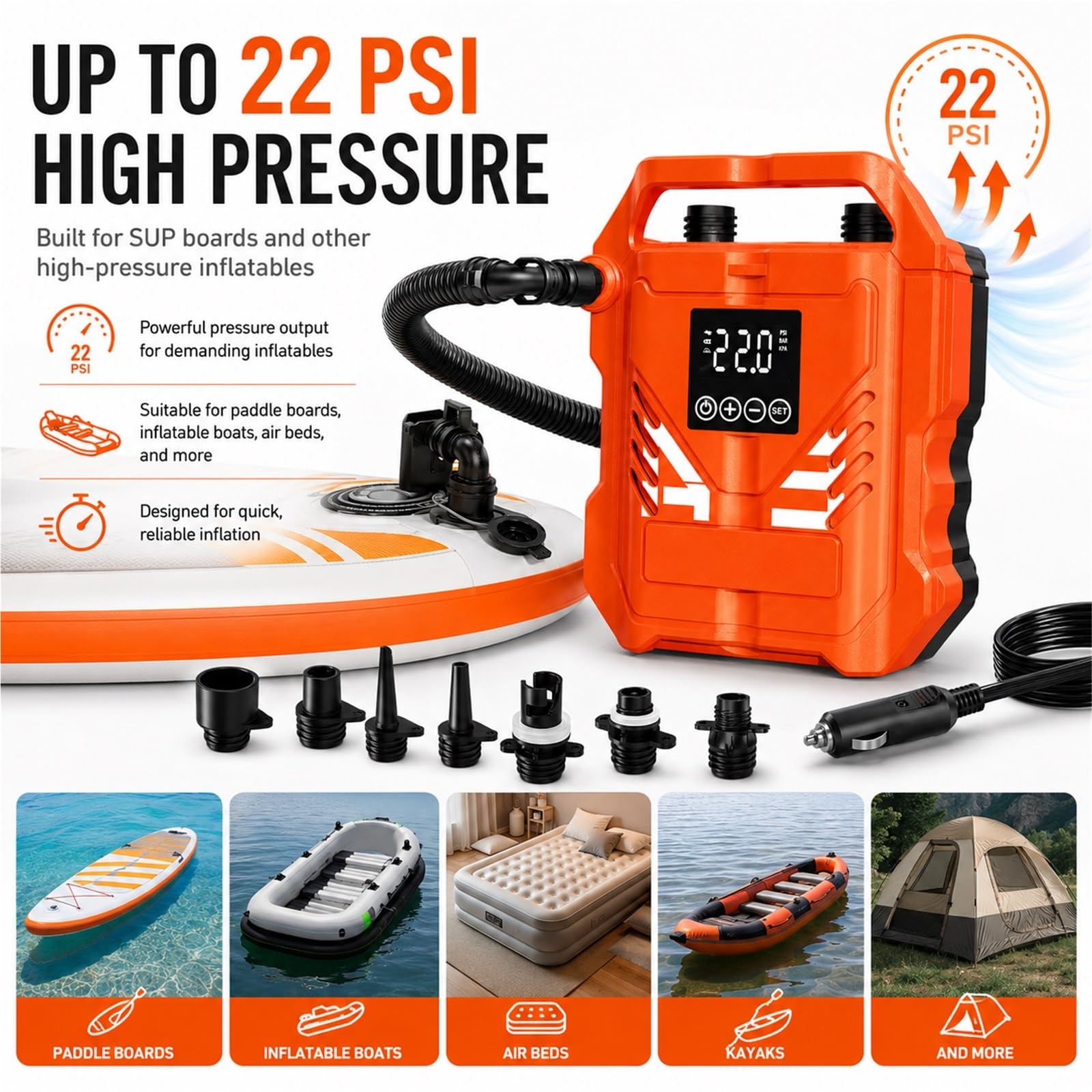 Elektryczna pompka SUP 12V przenośna pompa do deski paddleboard 22PSI | Zasilanie samochodowe 12V, automatyczne wyłączanie, ekran LCD, 7 dysz, do desek SUP i materacy.