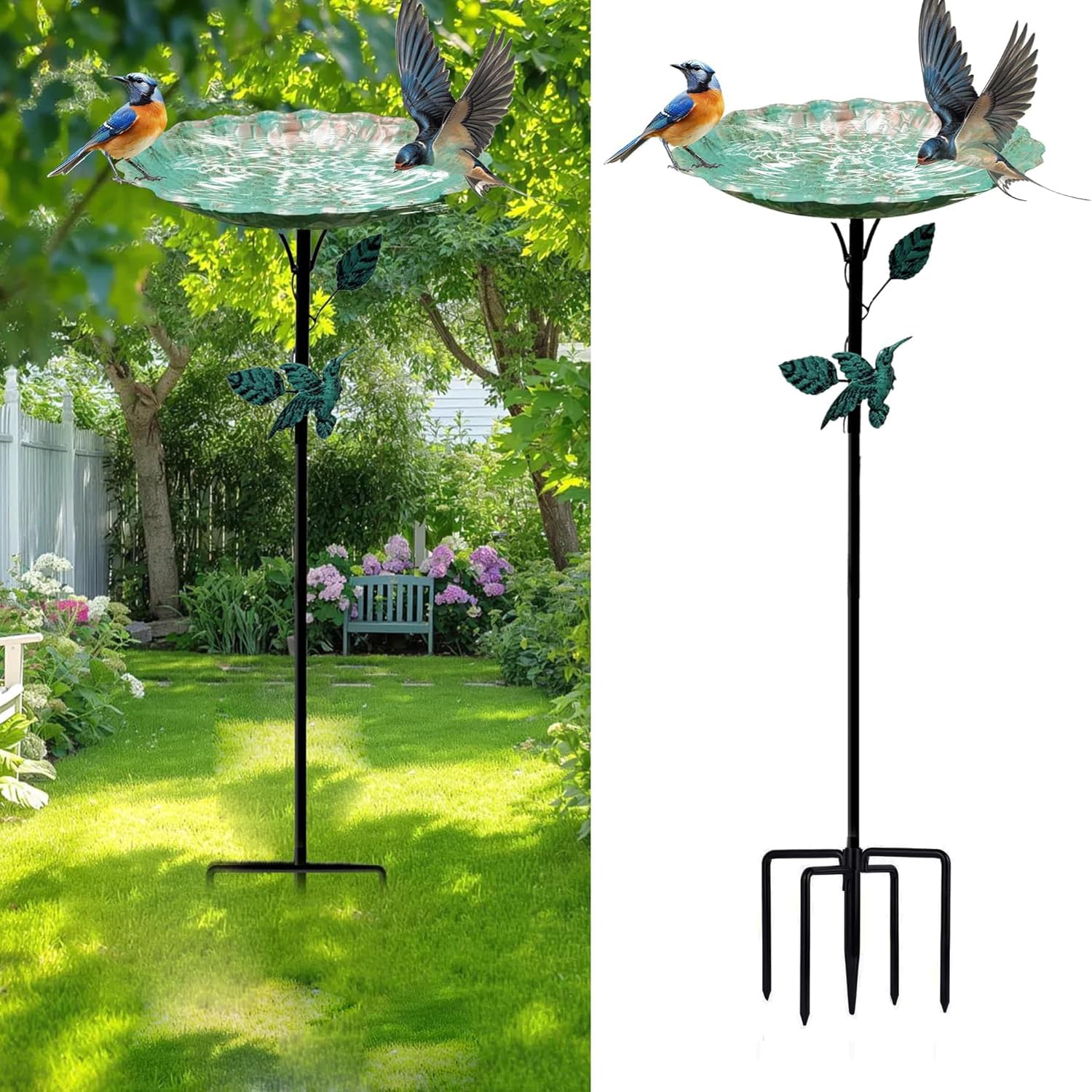 32In Bird Bath for Garden, Vintage Bird Hummingbird Baths Feeder Bowl, Freestanding Birdbaths and Supports with 5 Prongs Base Stake for Outdoors Garden Patio Yard Lawn Decor Birds Supplies