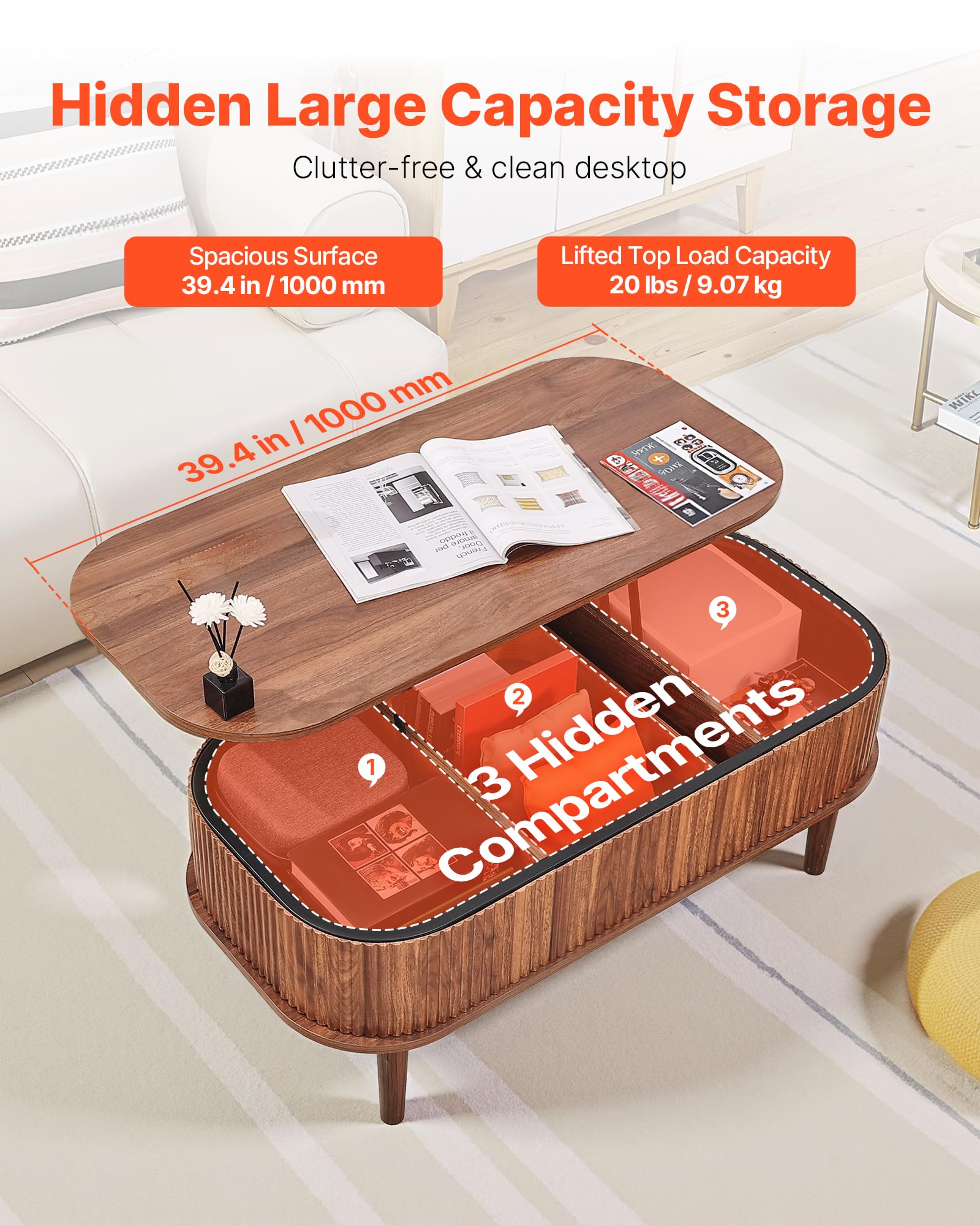 VEVOR Couchtisch Höhenverstellbar 1000x480x405-545 mm, Wohnzimmertisch mit Stauraum, Ausziehbarer Kaffeetisch im Mid-Century-Stil aus MDF, Hubtischplatte für Zuhause & Büro, Walnussfarbe