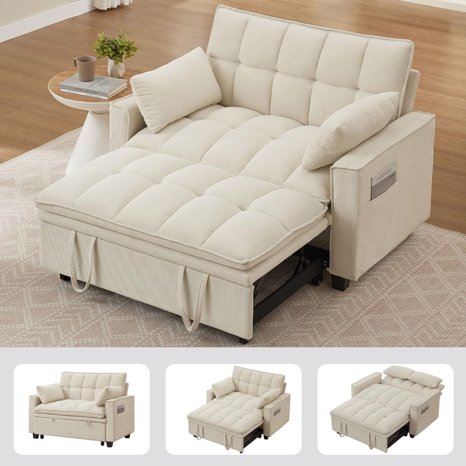 Sleeper Sofa with Pull Out Couch Bed, 48" Convertible Pull-Out Sofa Bed Chair, 3-in-1 Futon Couch with Reclining Backrest and Side Pockets for Living Room Bedroom Apartment, Beige