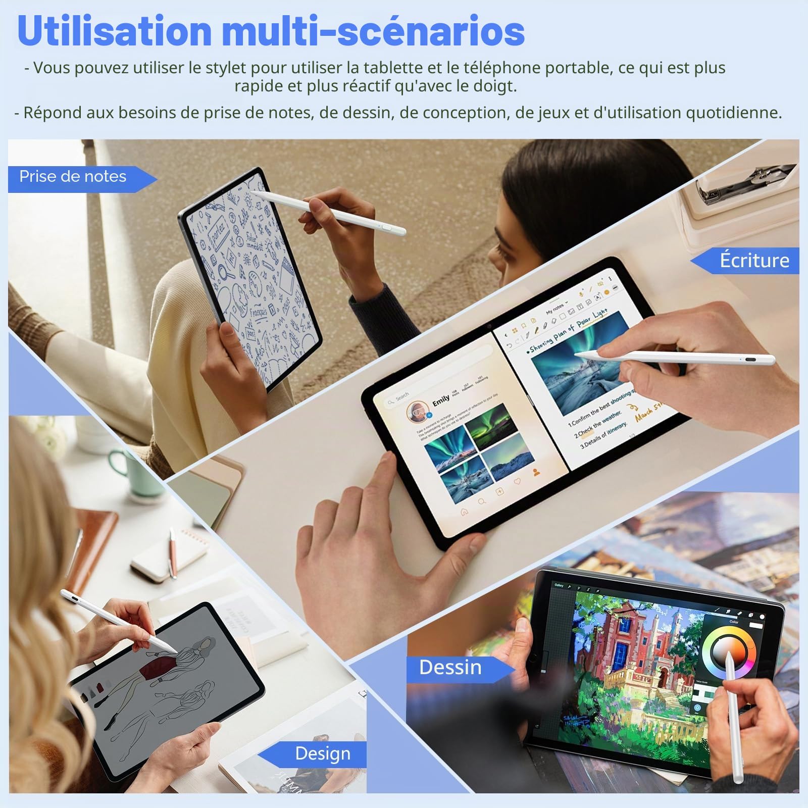 KISSLEAF Stylet Universel pour Tablette Android Samsung Lenovo Huawei Xiaomi Vivo avec 5 Astuces Pointe de 1.5 mm Charge Rapide 30min Adsorption Magnétique