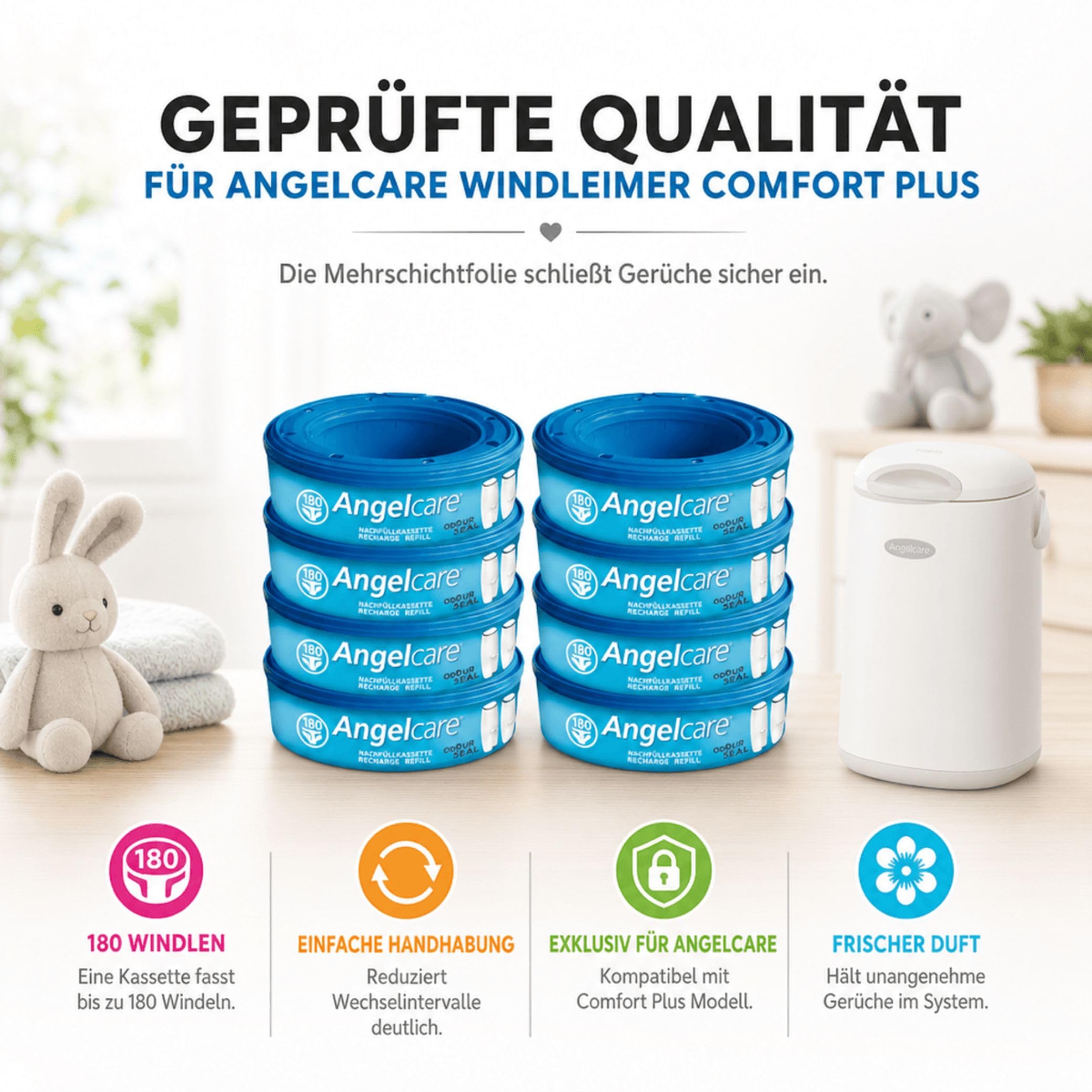Angelcare 8er-Pack Original Nachfüllkassetten für Angelcare Windeleimer Comfort Plus
