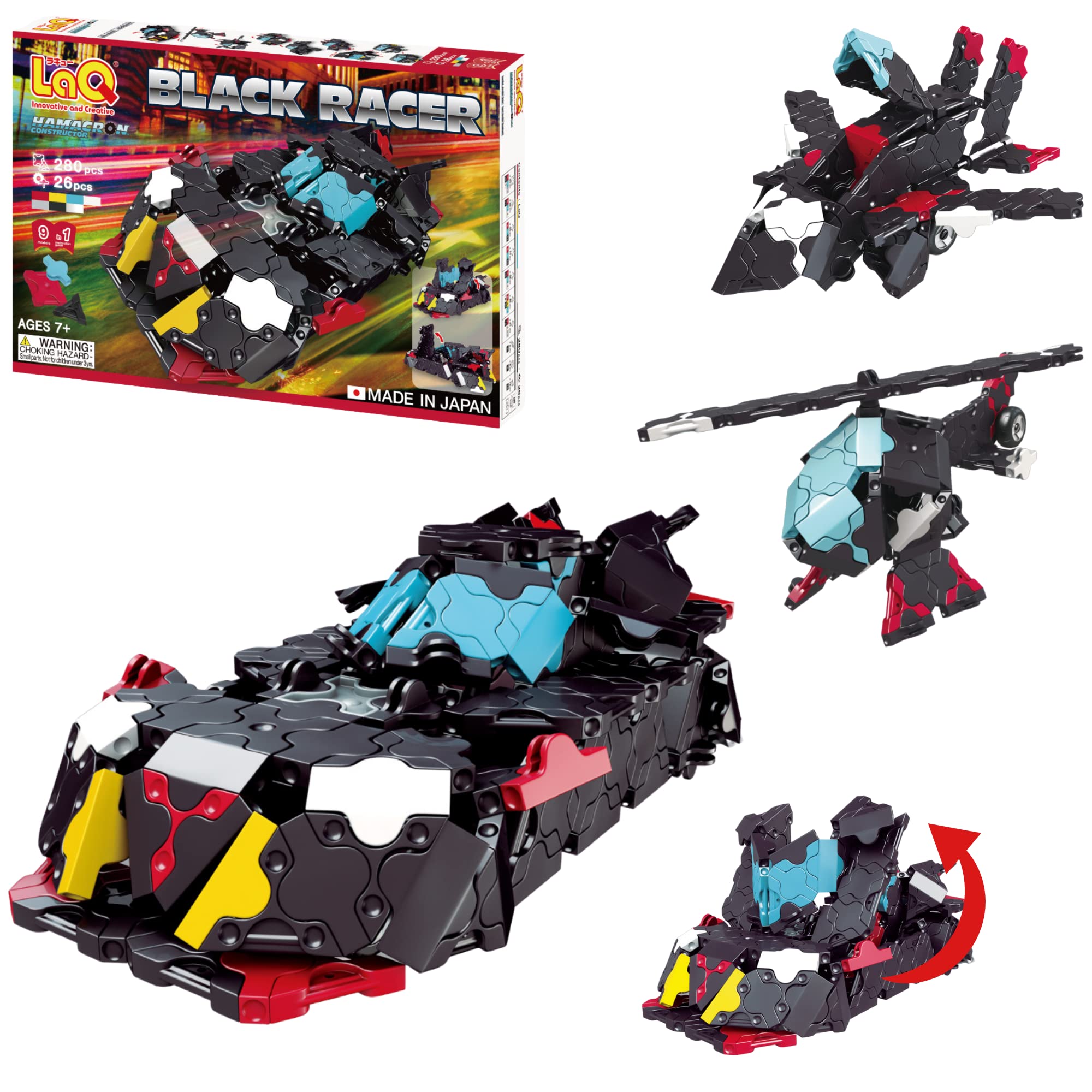 LaQ Hamacron Constructor Black Racer | 306 Pieces | 9 Models | Age 7+ | Creative, Educational Construction Toy Block | Made in Japan
