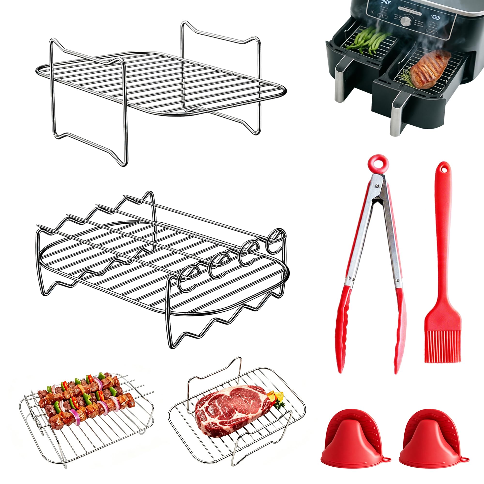 5 Piezas Rejilla Air Fryer Acero Inoxidable Alimentaria Accesorios Airfryer Compatible con Ninja Foodi Cecotec COSORI Soporte Grill para Freidora de Aire Doble (7,6L-9,5L) con Pinchos para Parrilla