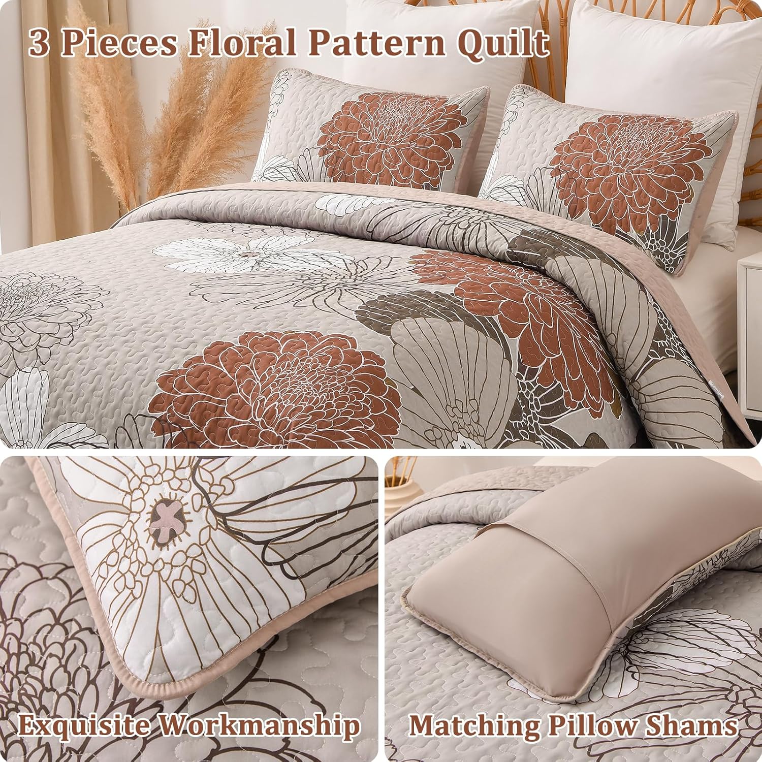 Queen Quilt Sets Brown Floral Pattern Quilt Bedding Set, 3 Pieces Botanical Quilt Bedspread Coverlet Set, Soft Microfiber Bed Coverlet Bedding Set for All Season(96" x 90) - Image 5
