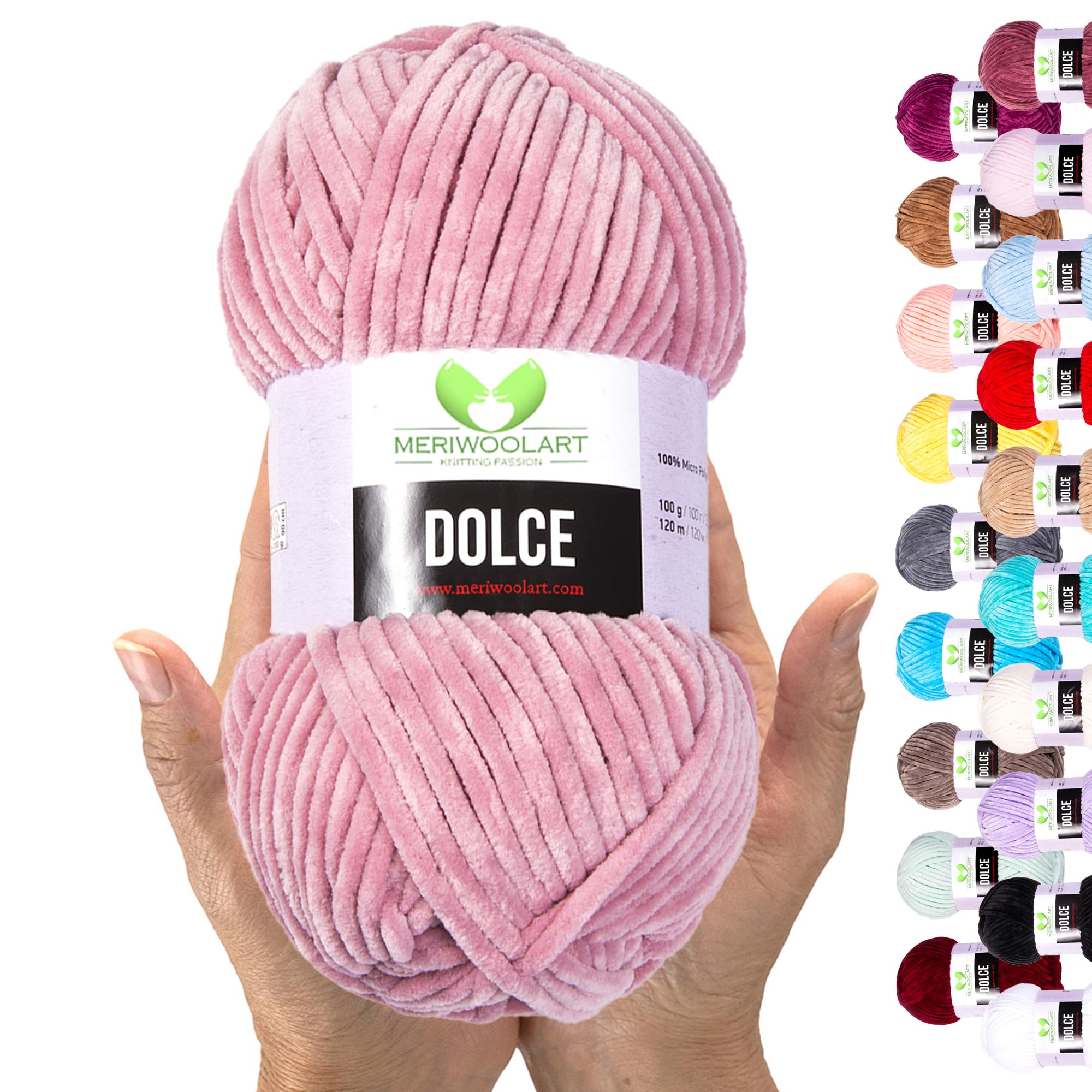 MeriWoolArt® Chenille Yarn for Knitting & Crochet Powder Pink - 100 g and 120 m Velour Yarn - 100% Soft Polyester for Amigurumi, Cushions, Blankets, Soft Clothing, Gifts - DOLCE - dusty pink