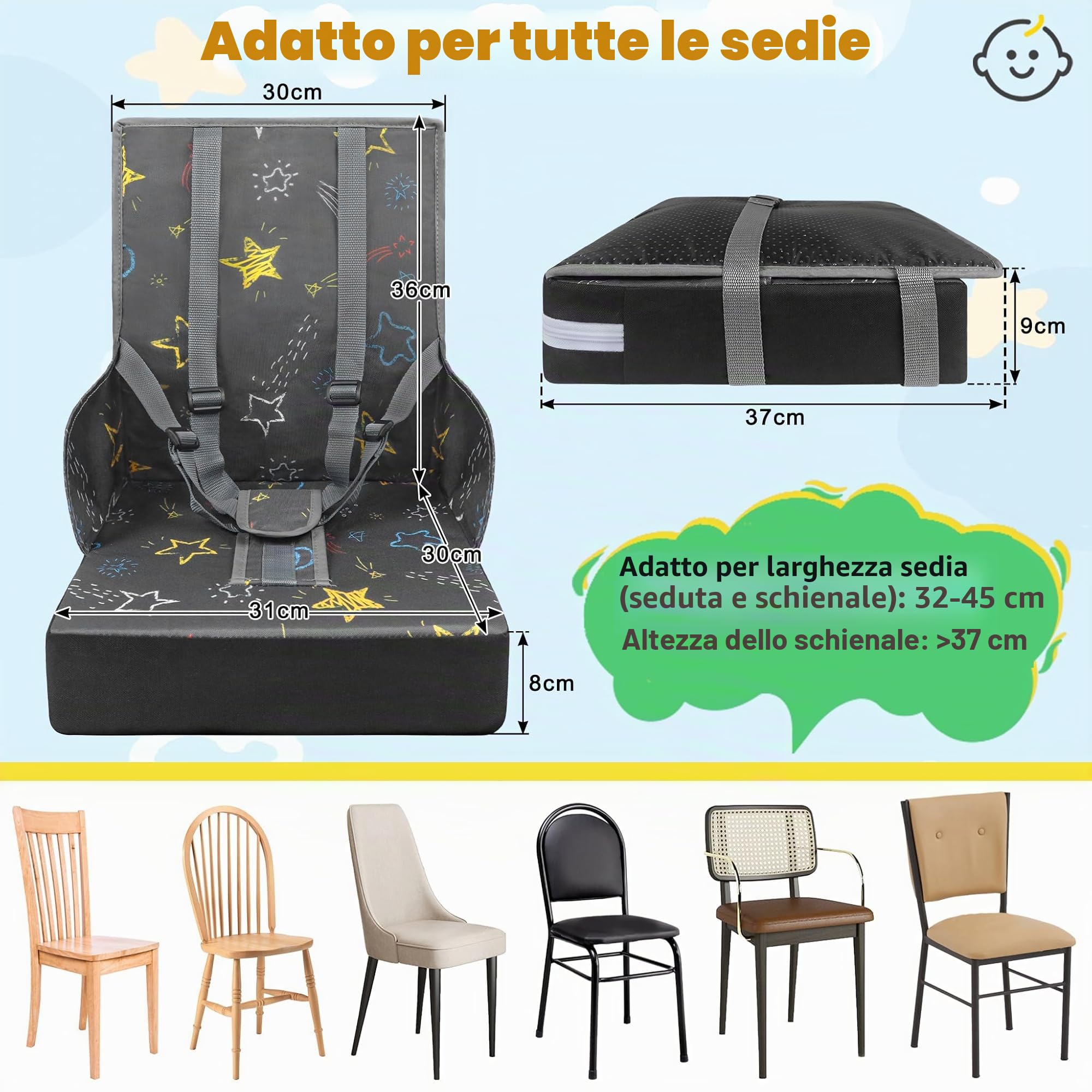 Froadp Seduta rialzata per bambini in tessuto Oxford impermeabile con schienale e cintura di sicurezza grigio