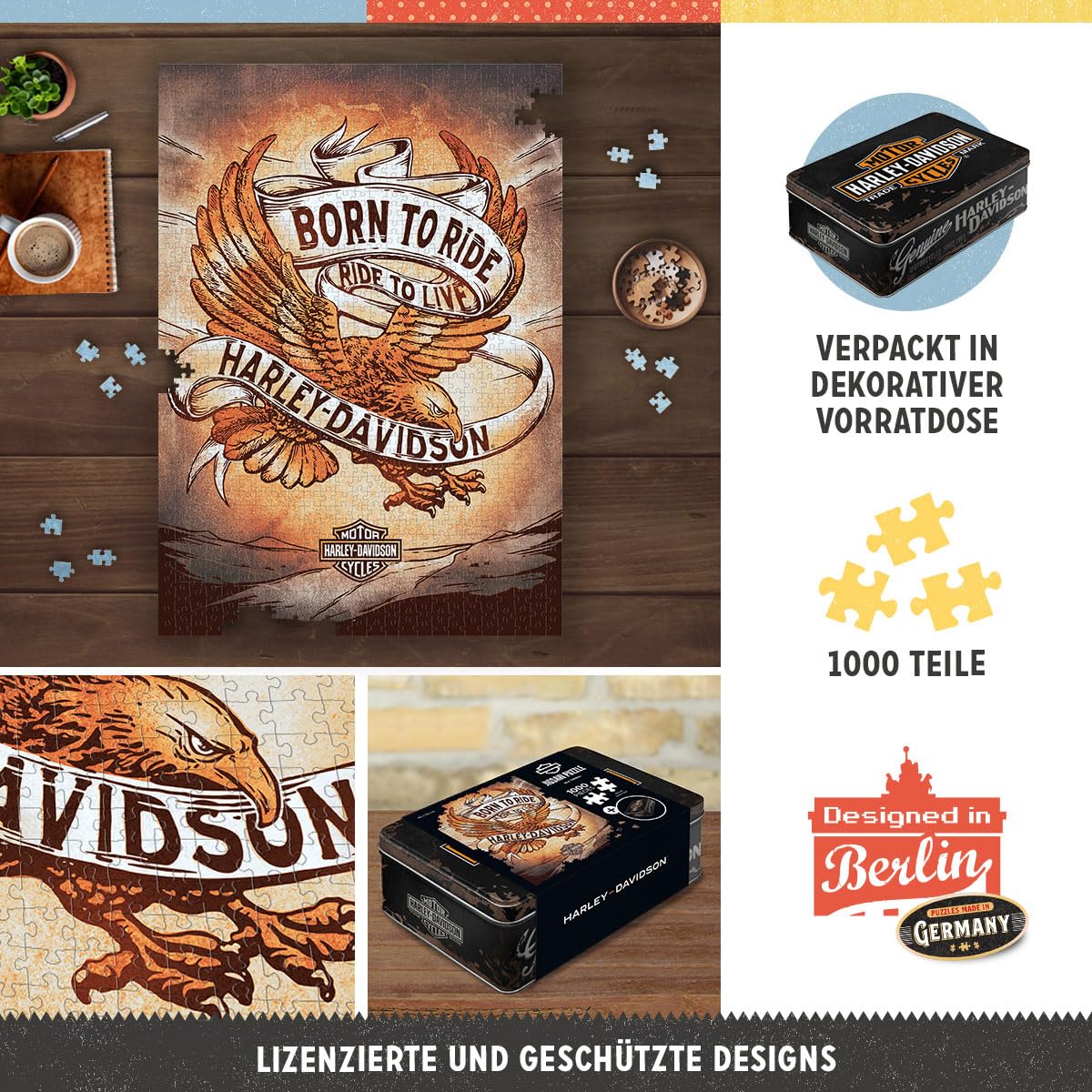Puzzle Rétro 1000 Pièces – Route 66 & Harley-Davidson, 68 X 48 Cm, Boîte Métallique Vintage, Cadeau USA