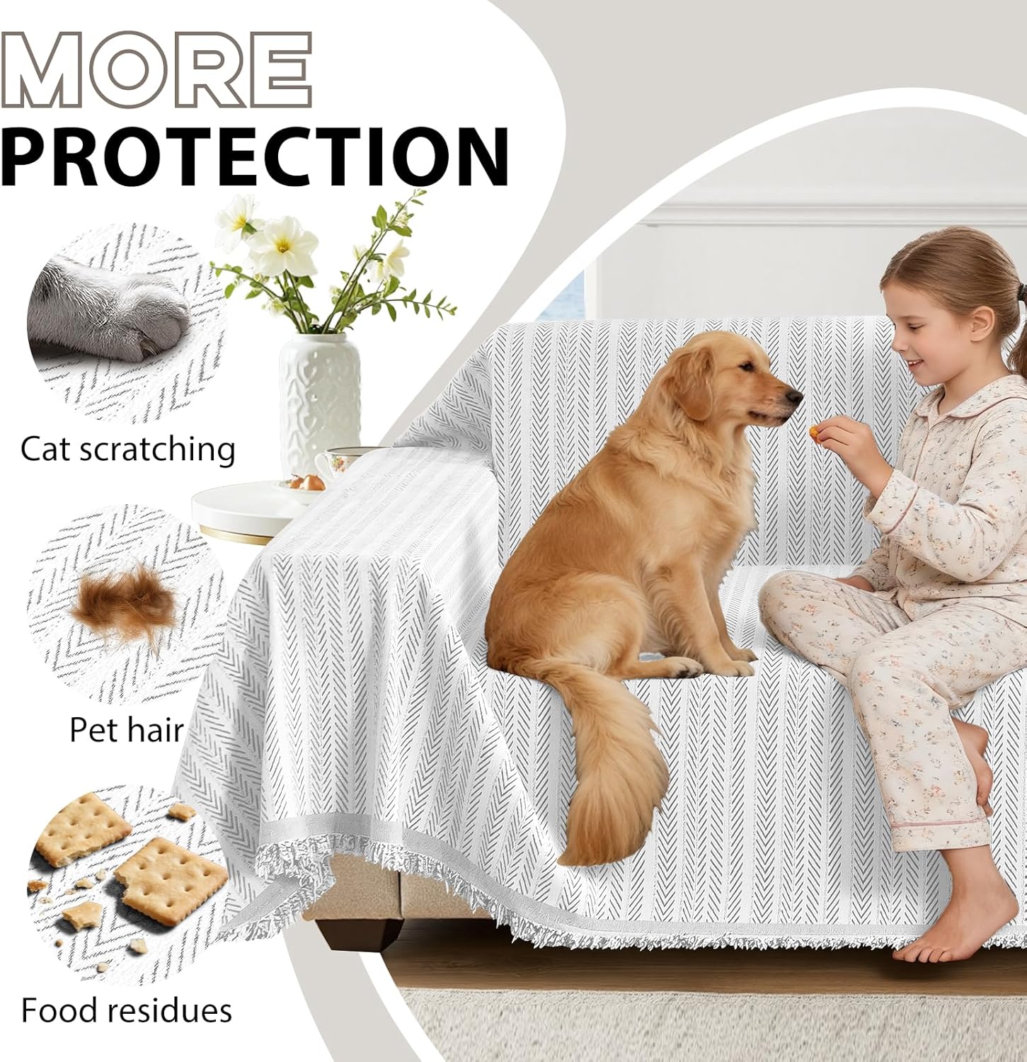 ALIECOM Boho Couch Covers for Sectional Sofa 2 Piece Thick Chenille L Shape Sectional Sofa Cover for Dogs Couch Blanket Sofa Slipcover Pet Furniture Protector Washable (X-Large, Lines Light Grey)