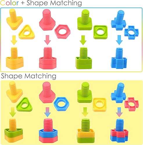 Miniatura 4 de TOMYOU 32 piezas de formas de tuercas y pernos apilables juegos de aprendizaje STEM de clasificación de colores - Construcción Montessori para niños