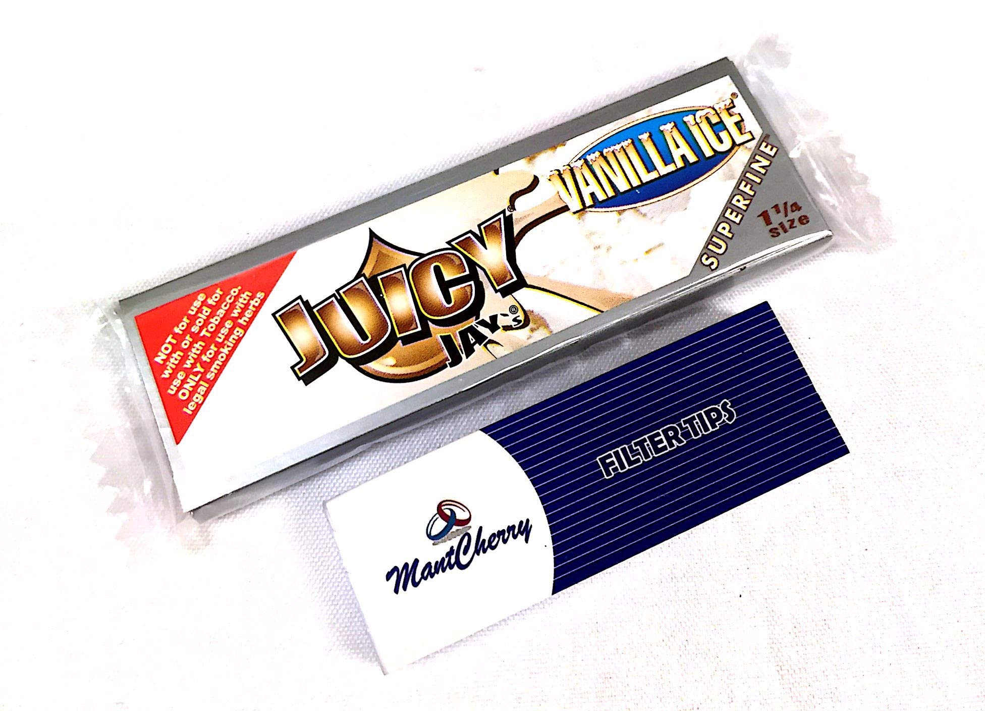 MontCherryBRAND TIPS PACK AND JUICY JAY'S SUPERFINE ULTRA THIN "VANILLA ICE" FLAVORED SMOKING ROLLING PAPERS 1-1/4 SIZE - 3 BOOKLETS COMBO BY TRENDZ