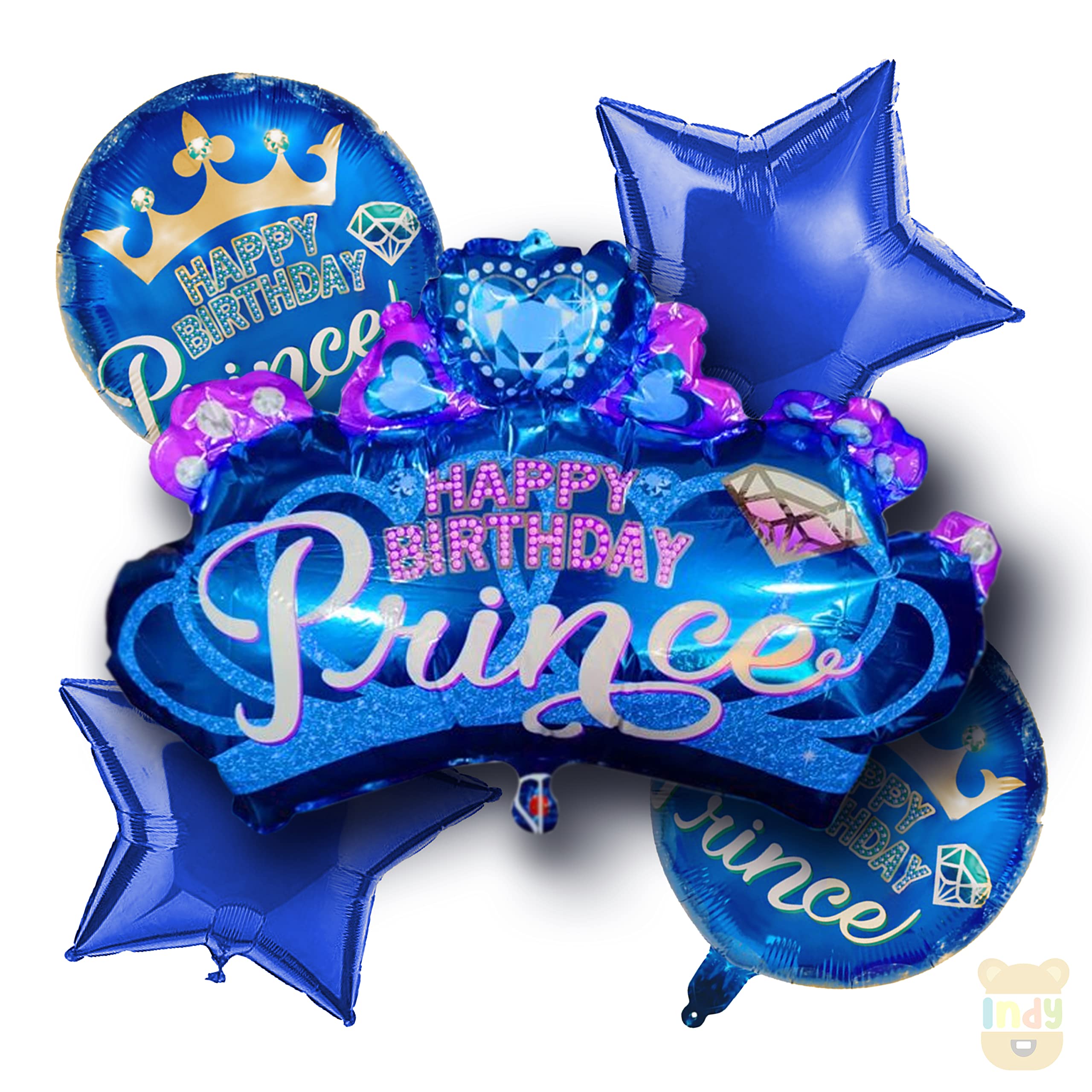 Just Party Set Of 5 Pcs Foil Balloons For Baby Boy Welcome/Baby Shower/First Birthday Decoration- 1 Prince Crown Blue, 2 Round Happy Birthday Prince Crown Balloon,2 Blue Star Foil Balloons