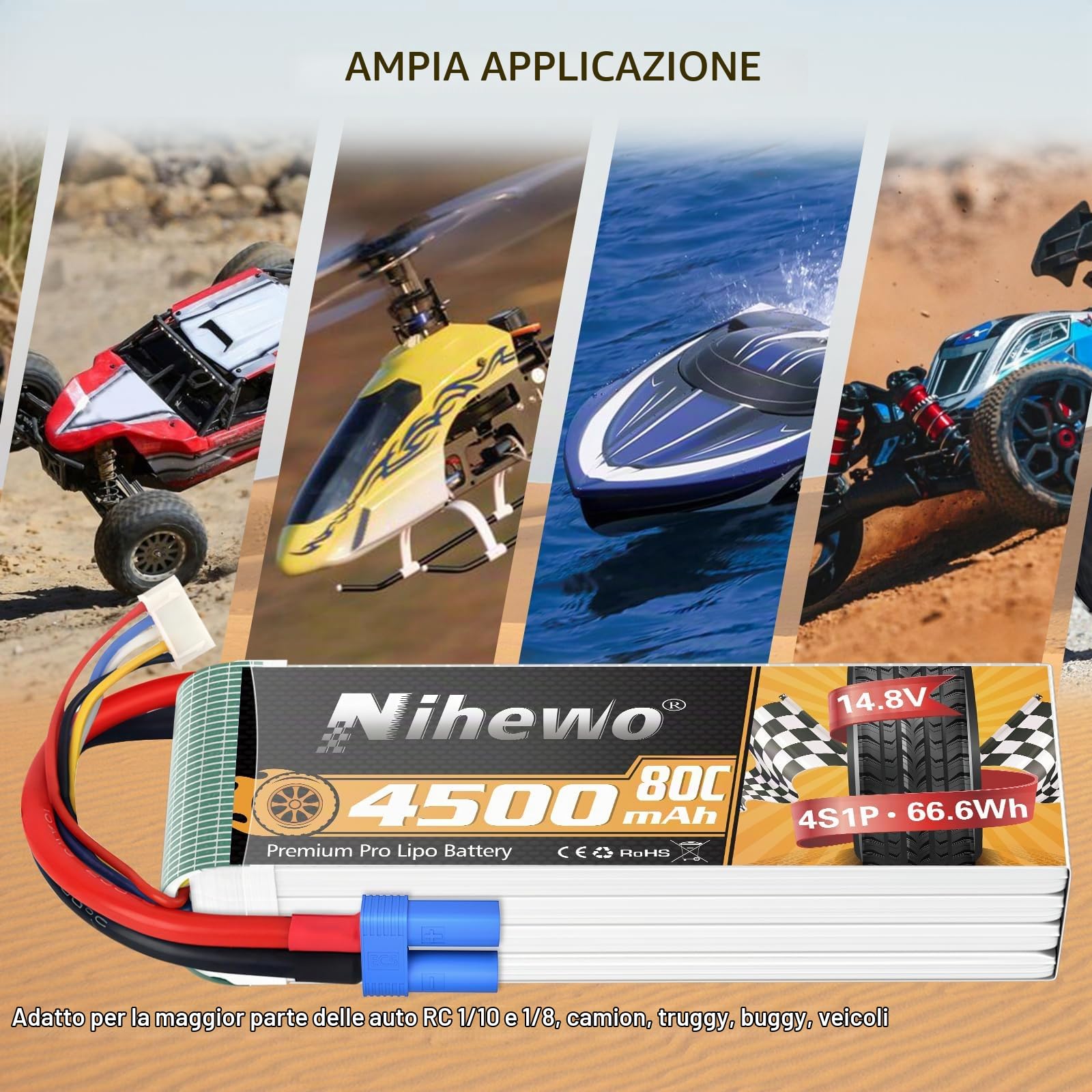 Batteria LiPo 4S 14.8V 4500mAh 60C EC5 per RC camion droni barche 2pz | Batteria 4S 4500mAh compatibile con modelli RC scala 1/8: auto, camion, aerei, elicotteri, barche, carri armati