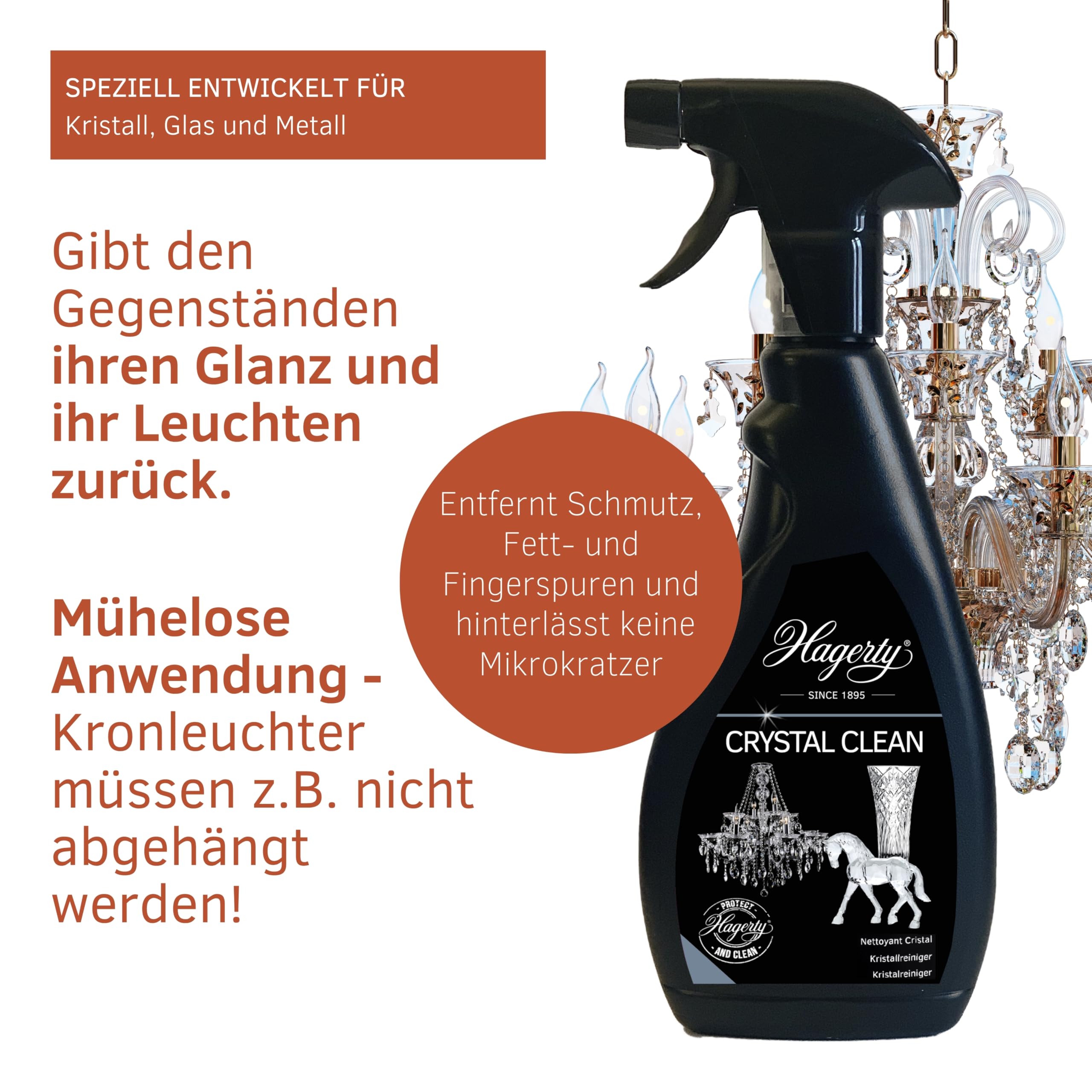 Hagerty Juego de 3 limpiadores de cristales en espray Crystal Clean, 500 ml, eficaz limpiador para lámparas de araña, spray de limpieza para la limpieza y cuidado sin esfuerzo de candelabros de