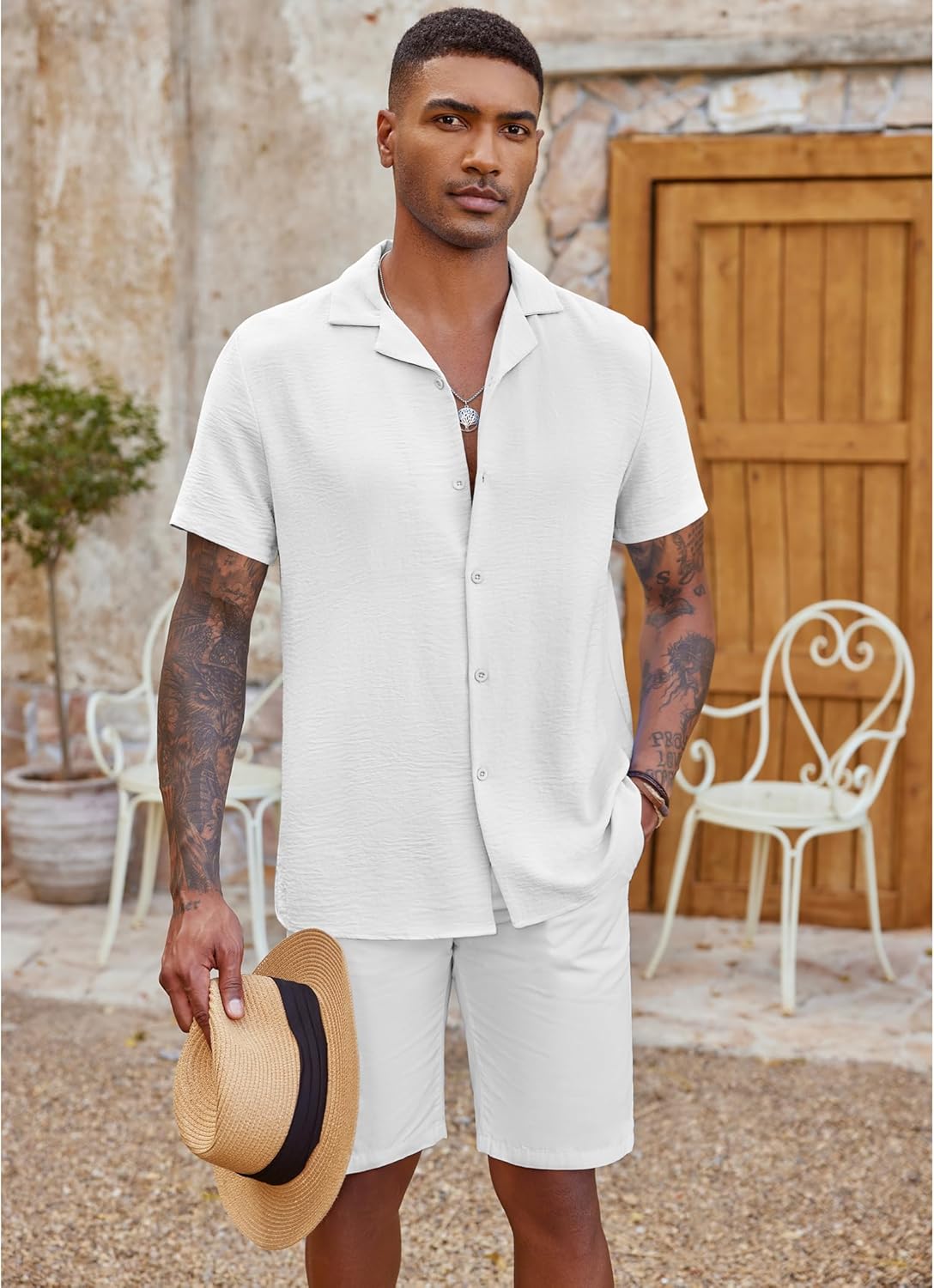 COOFANDY Men's Casual Button Down Shirt Short Sleeve Textured Summer Cuban Beach Shirts White - Image 3