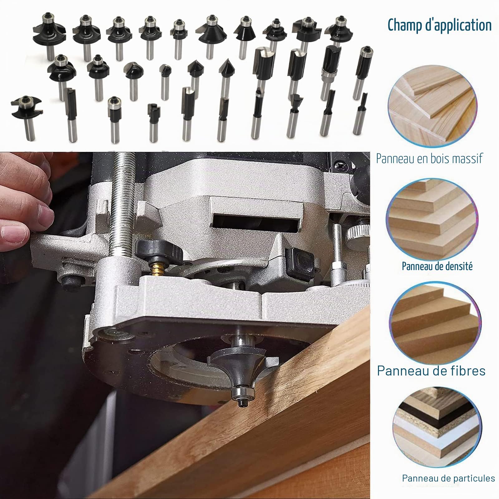 Lot de 30 fraises de défonceuse HM, tige de 8 mm, dans un coffret en bois avec roulement en 3 pièces, pour le bricolage du bois, défonceuse (tige 8 mm, lot de 30 pièces)