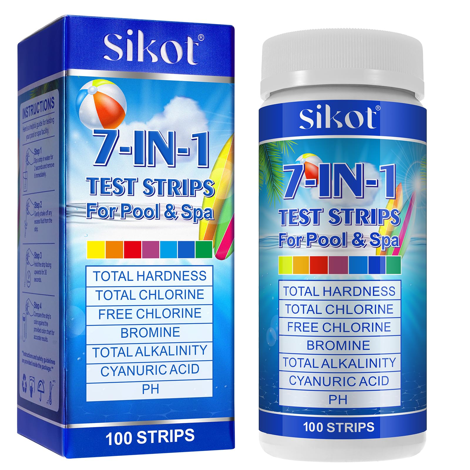 7 in 1 Hot Tub Test Strips, pool test strips for Water Hardness Chlorine Bromine pH Total Alkalinity and Cyanuric Acid All In 1 Testing Strip for Pool, SPA, Hot Tub & More (100pcs)
